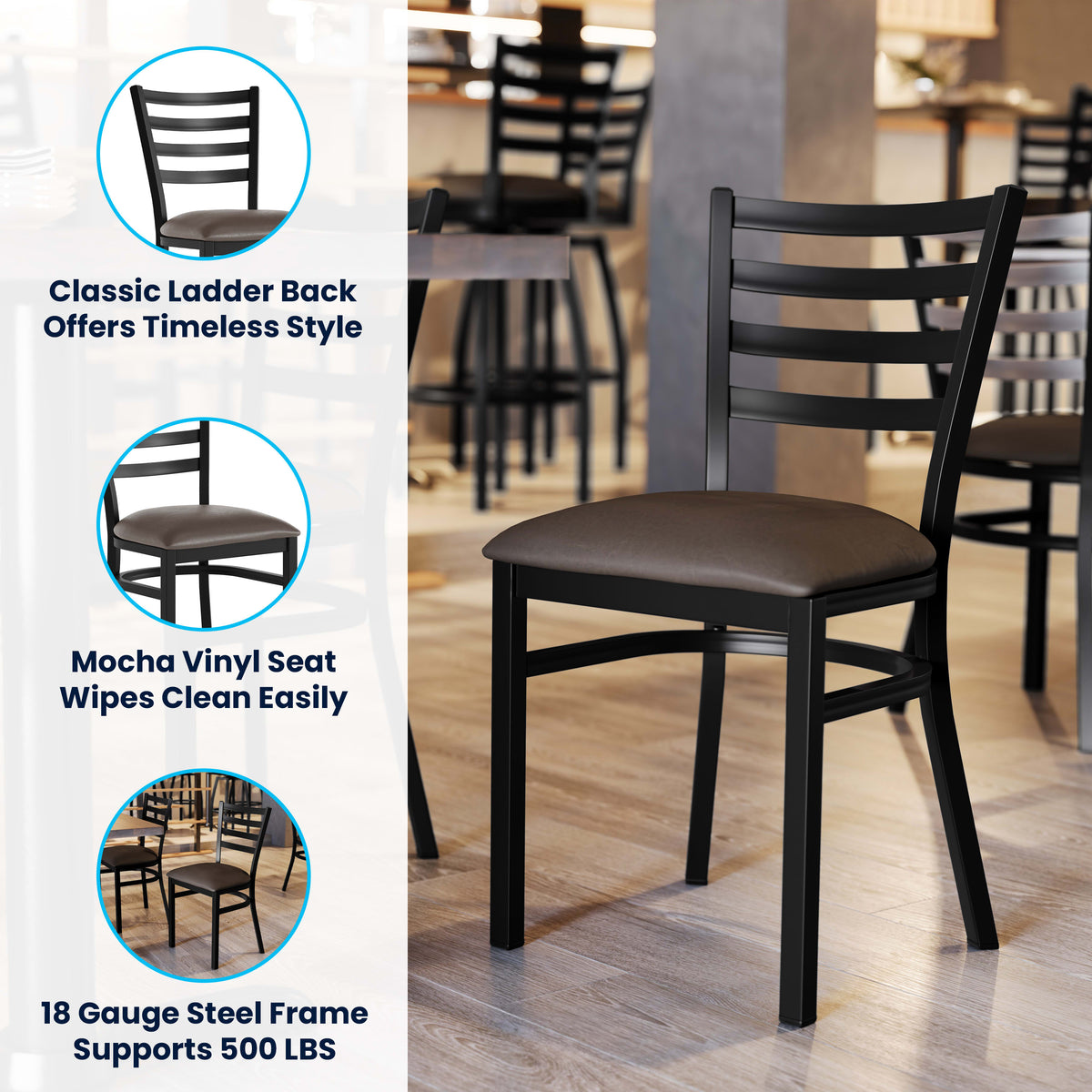 Mocha Vinyl Seat/Black Metal Frame |#| Commercial Black Ladder Back Restaurant Chair with Mocha Vinyl Seat