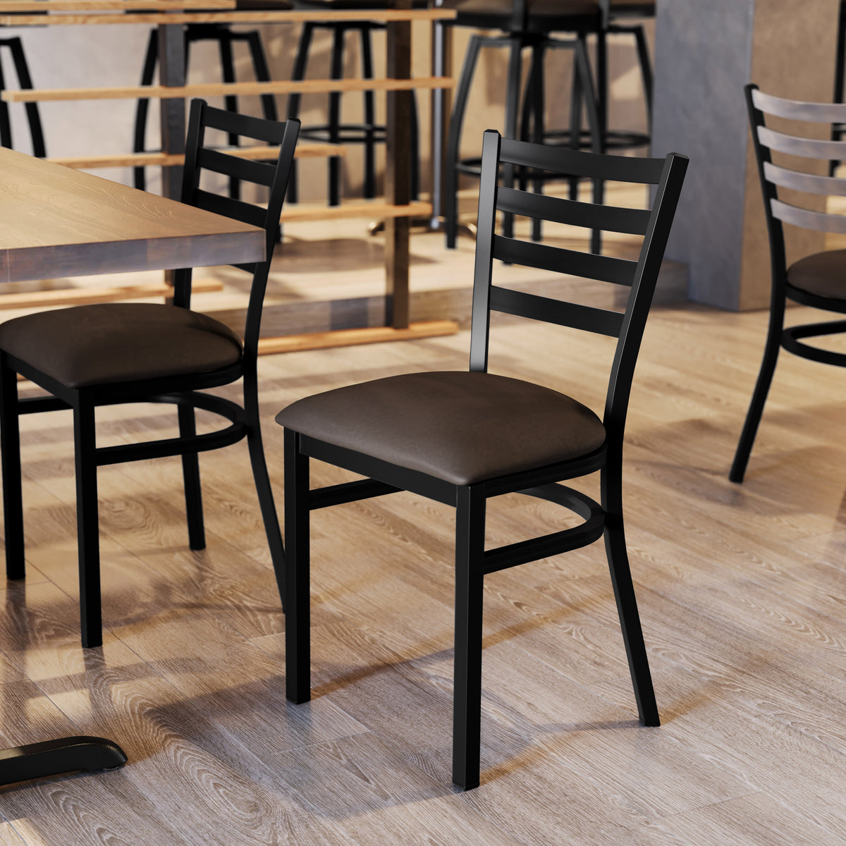 Mocha Vinyl Seat/Black Metal Frame |#| Commercial Black Ladder Back Restaurant Chair with Mocha Vinyl Seat