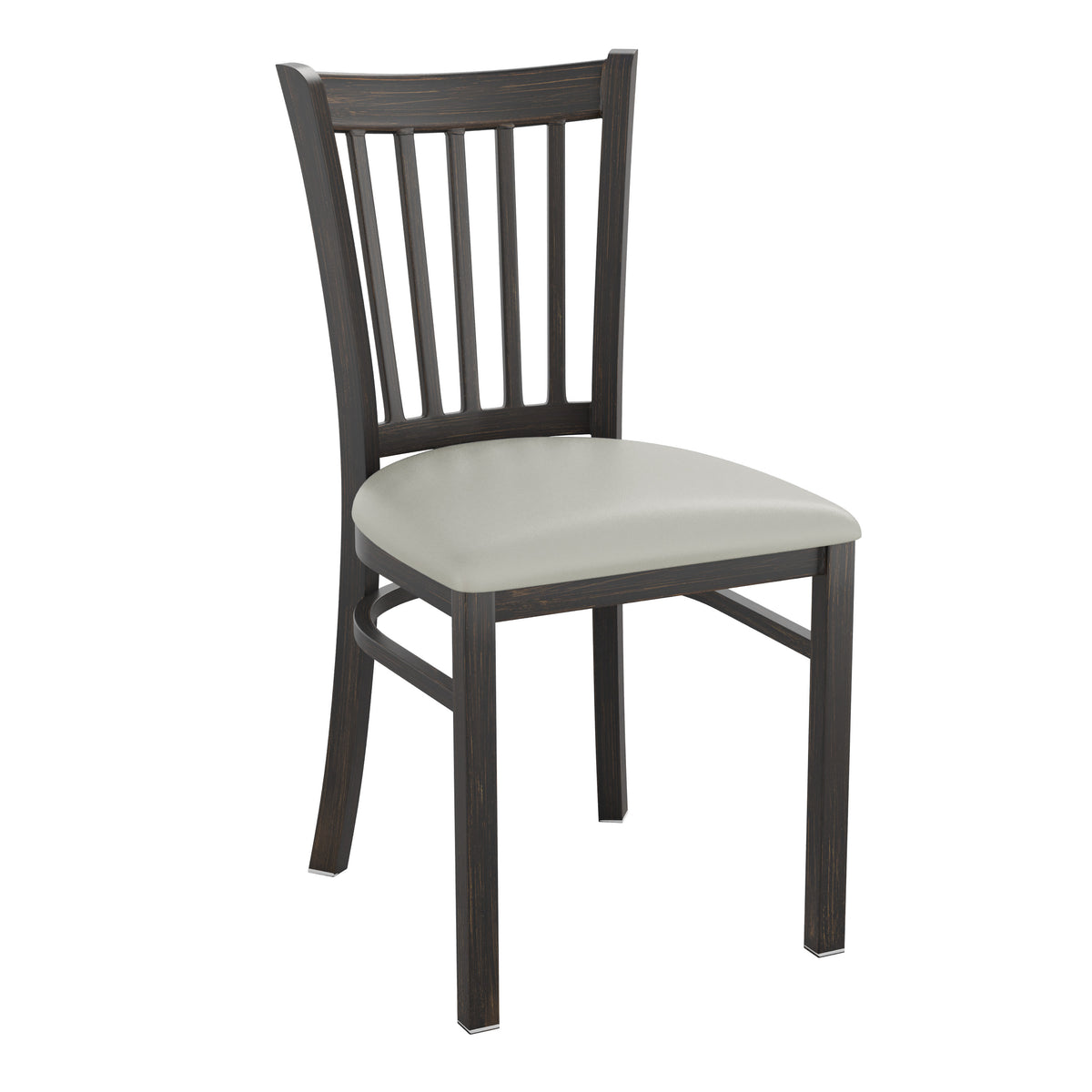 Gray Vinyl Seat/Distressed Gold Metal Frame |#| Distressed Gold Vertical Back Metal Restaurant Chair - Gray Vinyl Seat