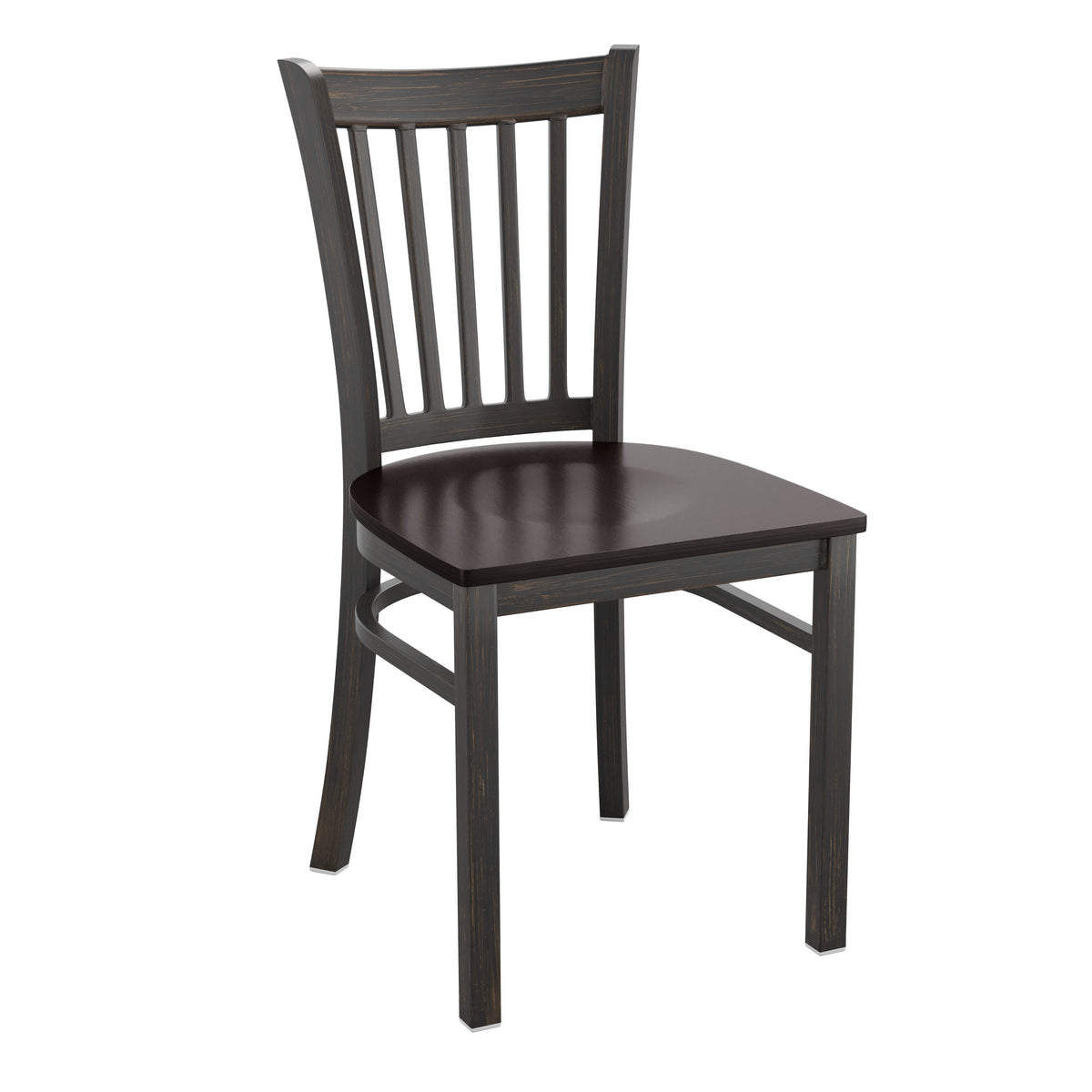 Mahogany Wood Seat/Distressed Gold Metal Frame |#| Distressed Gold Vertical Back Metal Restaurant Chair - Mahogany Wood Seat