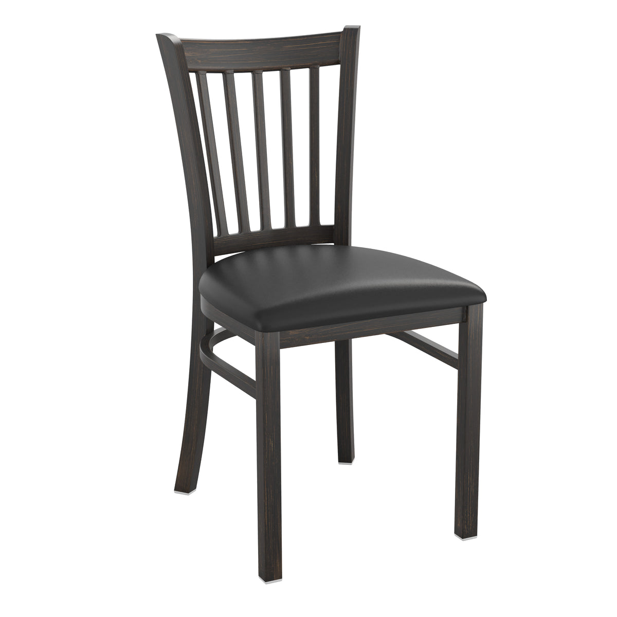 Black Vinyl Seat/Distressed Gold Metal Frame |#| Distressed Gold Vertical Back Metal Restaurant Chair - Black Vinyl Seat