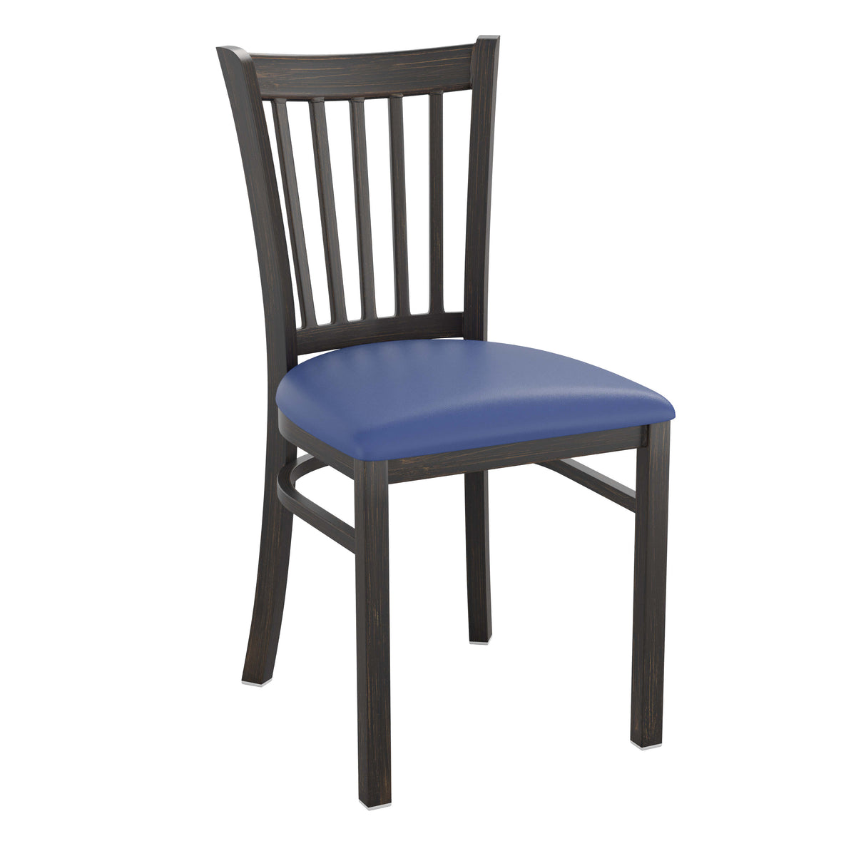 Blue Vinyl Seat/Distressed Gold Metal Frame |#| Distressed Gold Vertical Back Metal Restaurant Chair - Blue Vinyl Seat