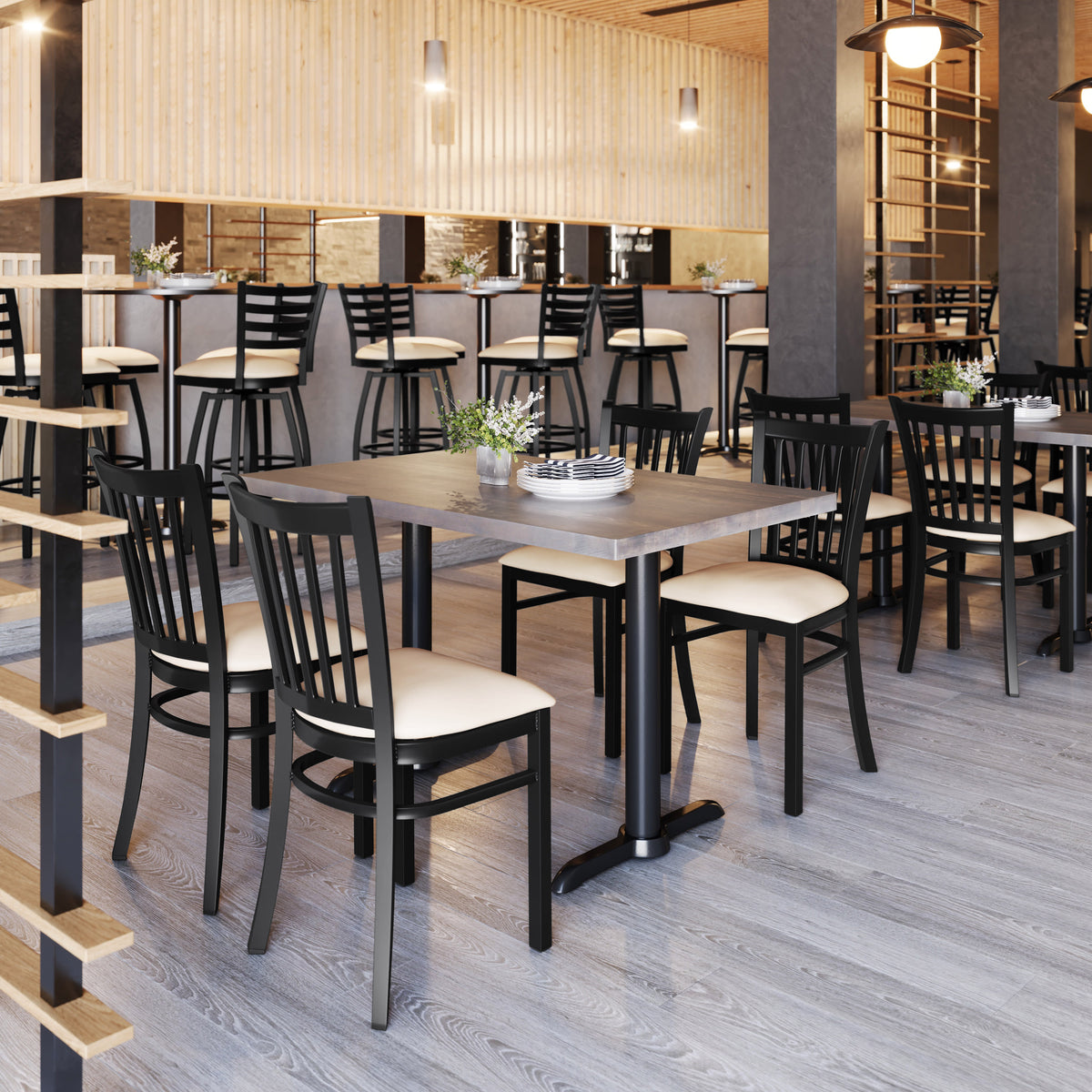 Tan Vinyl Seat/Black Metal Frame |#| Commercial Black Vertical Back Restaurant Chair with Tan Vinyl Seat