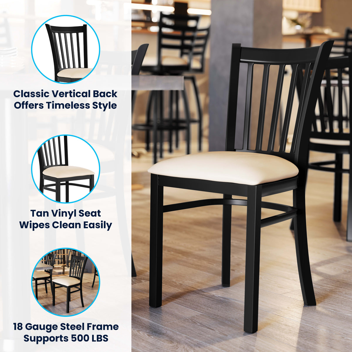 Tan Vinyl Seat/Black Metal Frame |#| Commercial Black Vertical Back Restaurant Chair with Tan Vinyl Seat