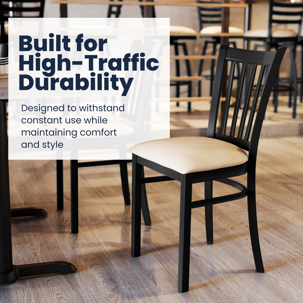Tan Vinyl Seat/Black Metal Frame |#| Commercial Black Vertical Back Restaurant Chair with Tan Vinyl Seat