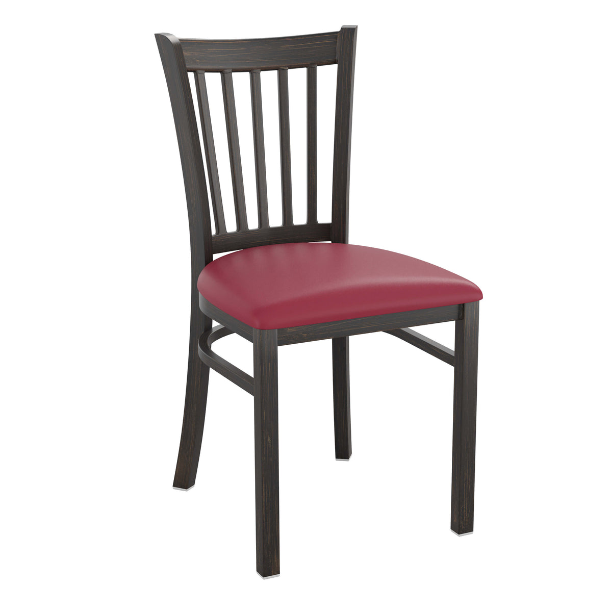 Burgundy Vinyl Seat/Distressed Gold Metal Frame |#| Distressed Gold Vertical Back Metal Restaurant Chair - Burgundy Vinyl Seat