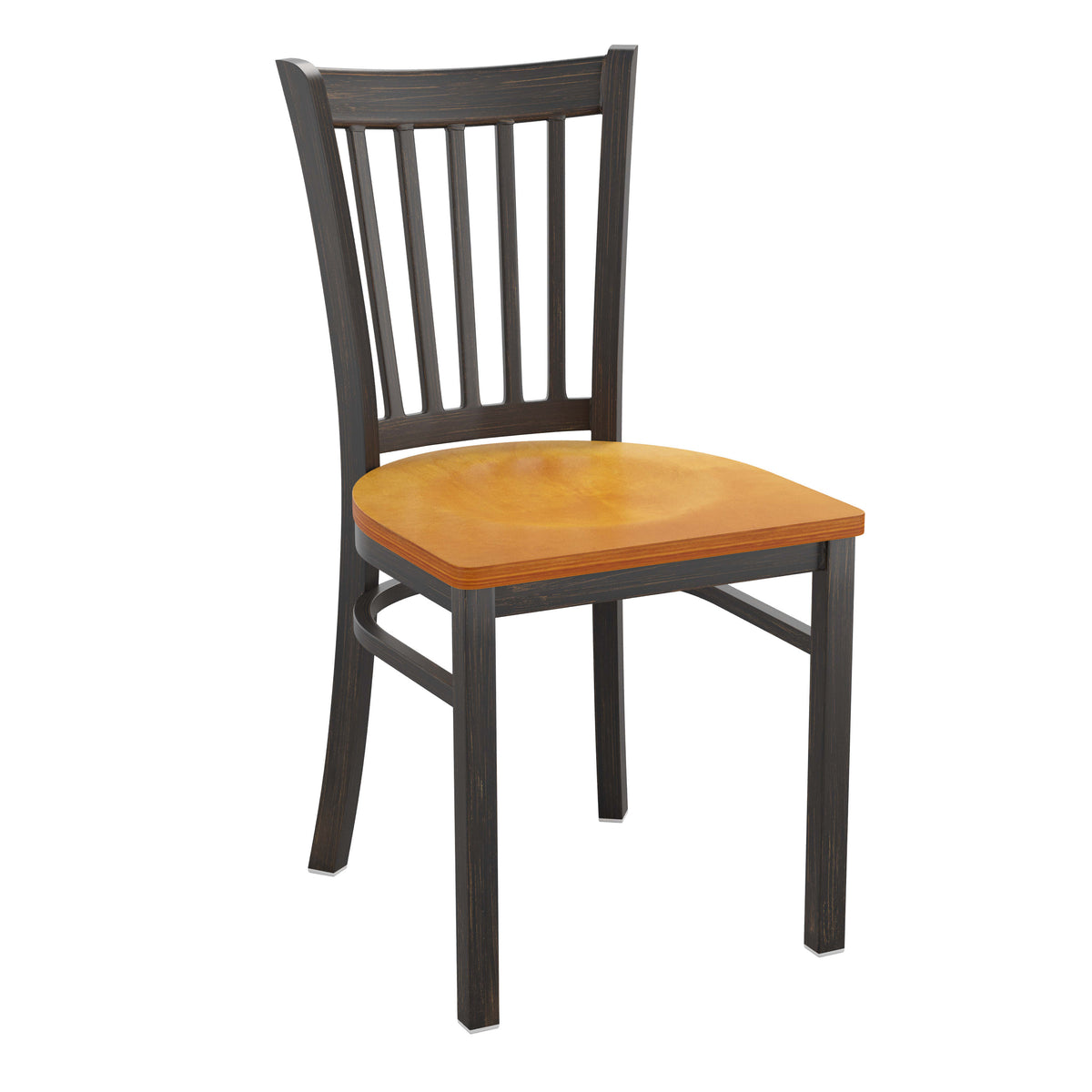 Natural Wood Seat/Distressed Gold Metal Frame |#| Distressed Gold Vertical Back Metal Restaurant Chair - Natural Wood Seat