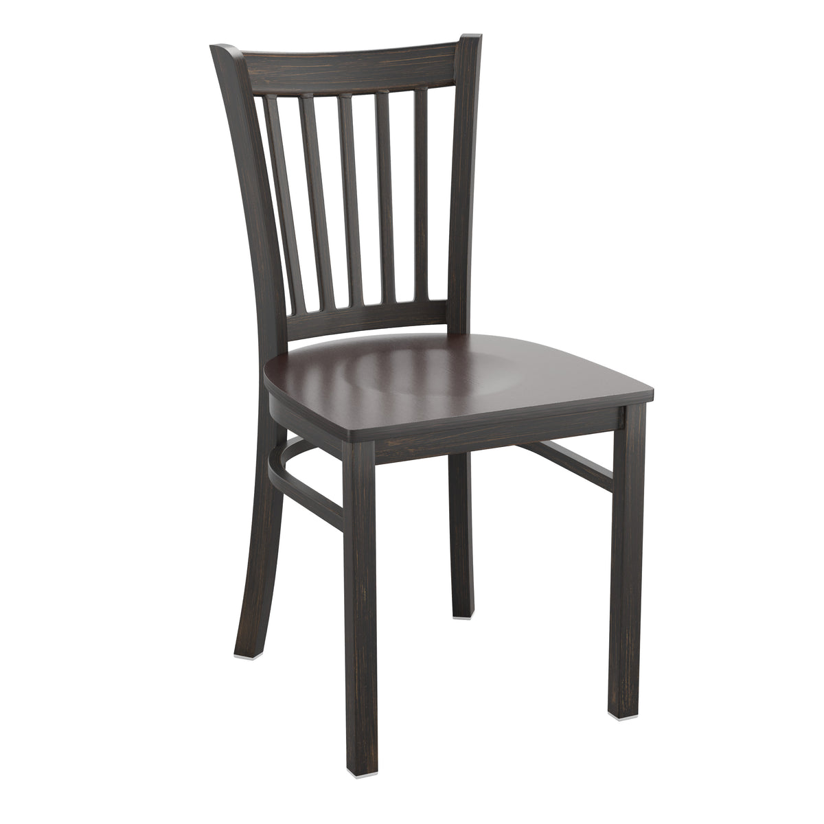 Walnut Wood Seat/Distressed Gold Metal Frame |#| Distressed Gold Vertical Back Metal Restaurant Chair - Walnut Wood Seat