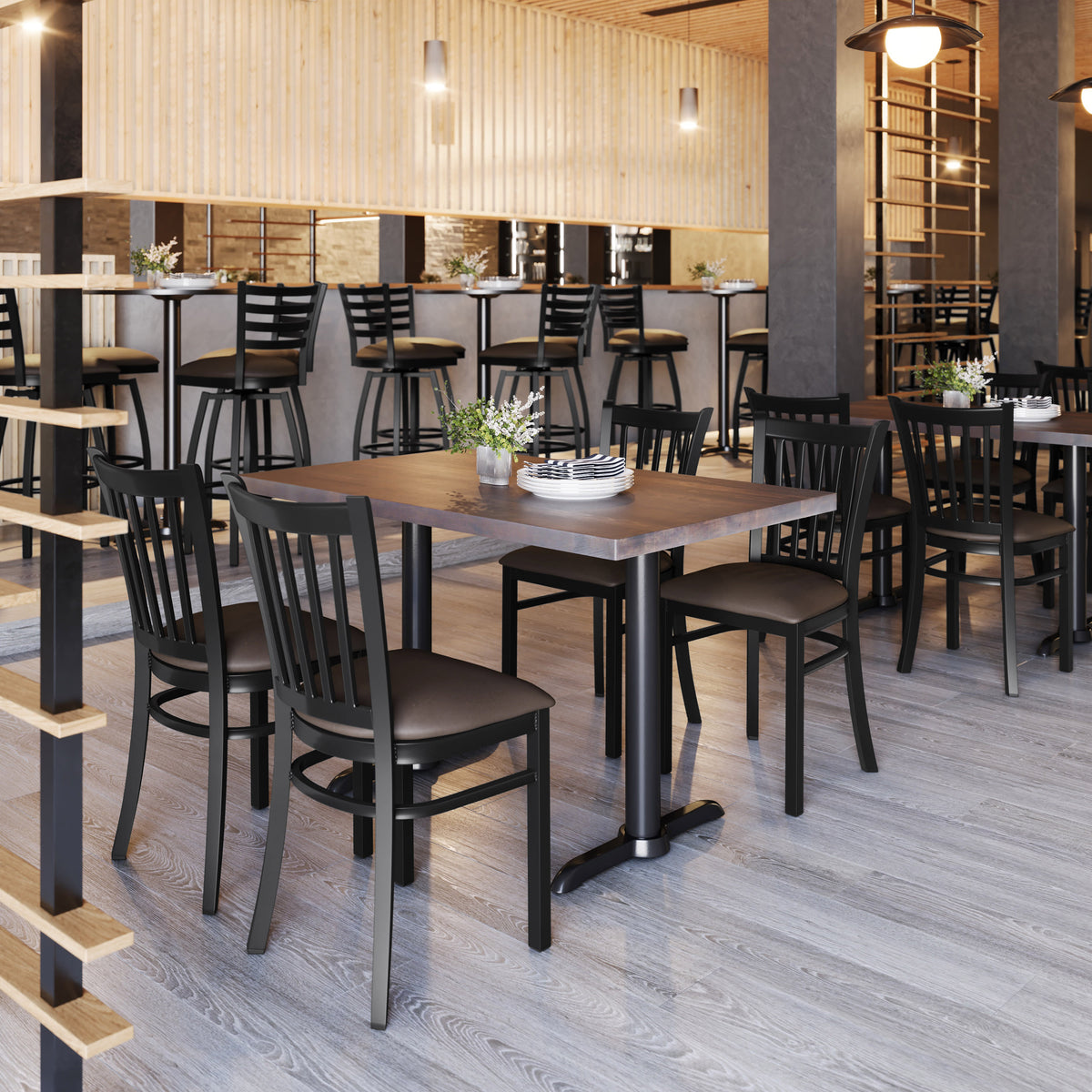 Mocha Vinyl Seat/Black Metal Frame |#| Commercial Black Ladder Back Restaurant Chair with Mocha Vinyl Seat