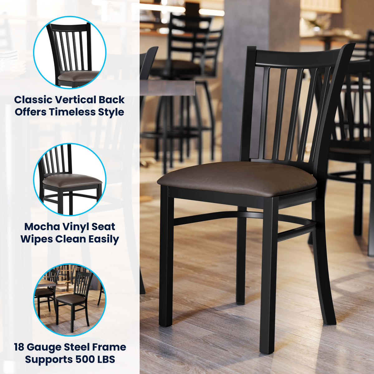 Mocha Vinyl Seat/Black Metal Frame |#| Commercial Black Ladder Back Restaurant Chair with Mocha Vinyl Seat