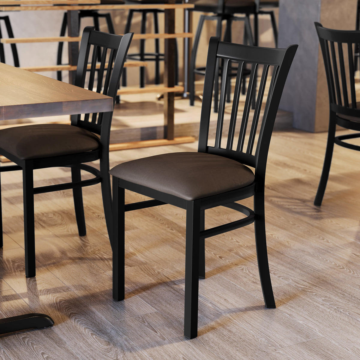 Mocha Vinyl Seat/Black Metal Frame |#| Commercial Black Ladder Back Restaurant Chair with Mocha Vinyl Seat