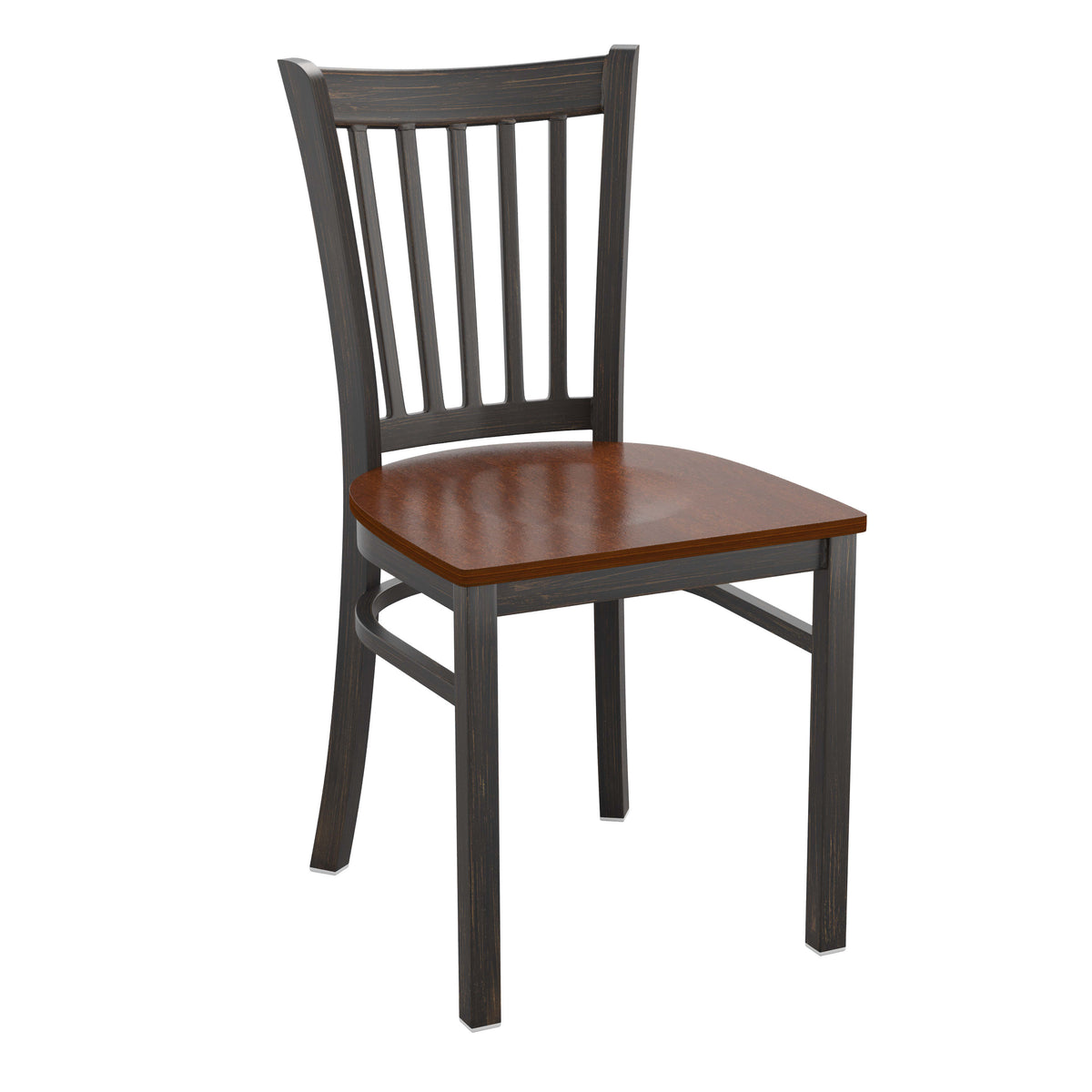 Cherry Wood Seat/Distressed Gold Metal Frame |#| Distressed Gold Vertical Back Metal Restaurant Chair - Cherry Wood Seat