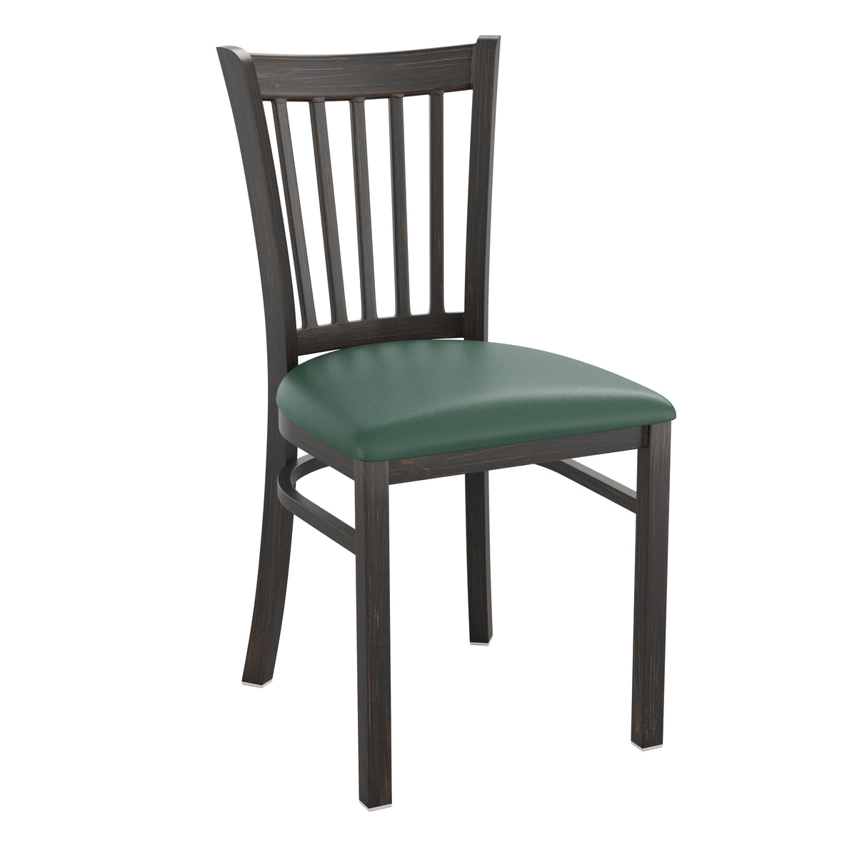 Green Vinyl Seat/Distressed Gold Metal Frame |#| Distressed Gold Vertical Back Metal Restaurant Chair - Green Vinyl Seat