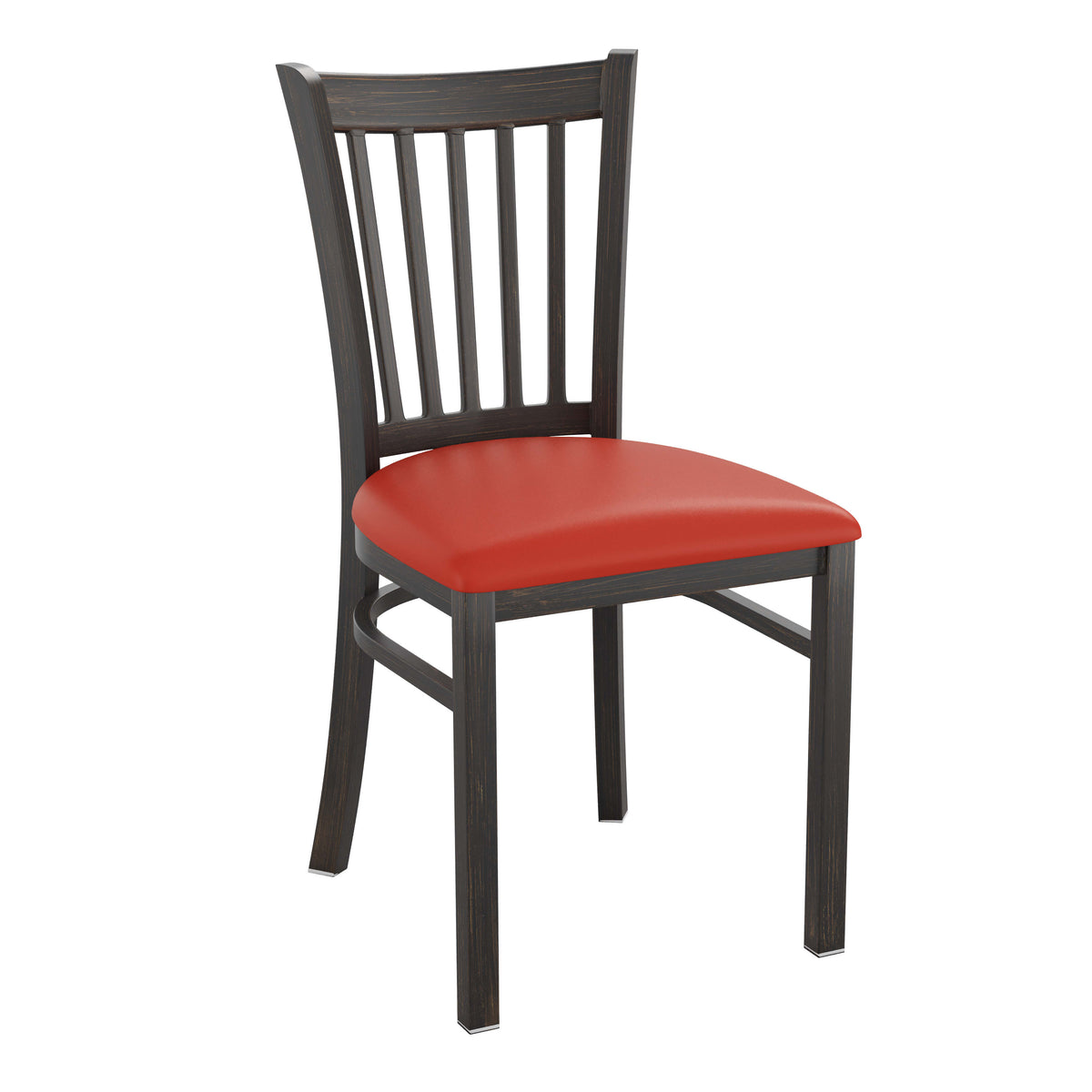 Red Vinyl Seat/Distressed Gold Metal Frame |#| Distressed Gold Vertical Back Metal Restaurant Chair - Red Vinyl Seat