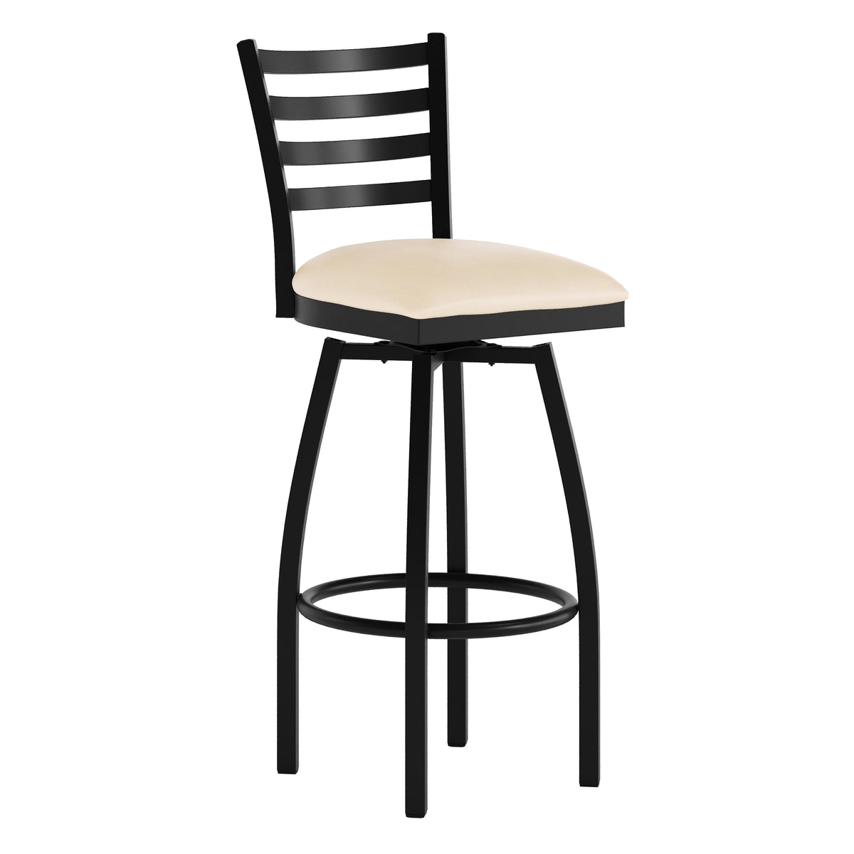 Tan Vinyl Seat/Black Metal Frame |#| Commercial Black Ladder Back Swivel Metal Barstool with Tan Vinyl Seat