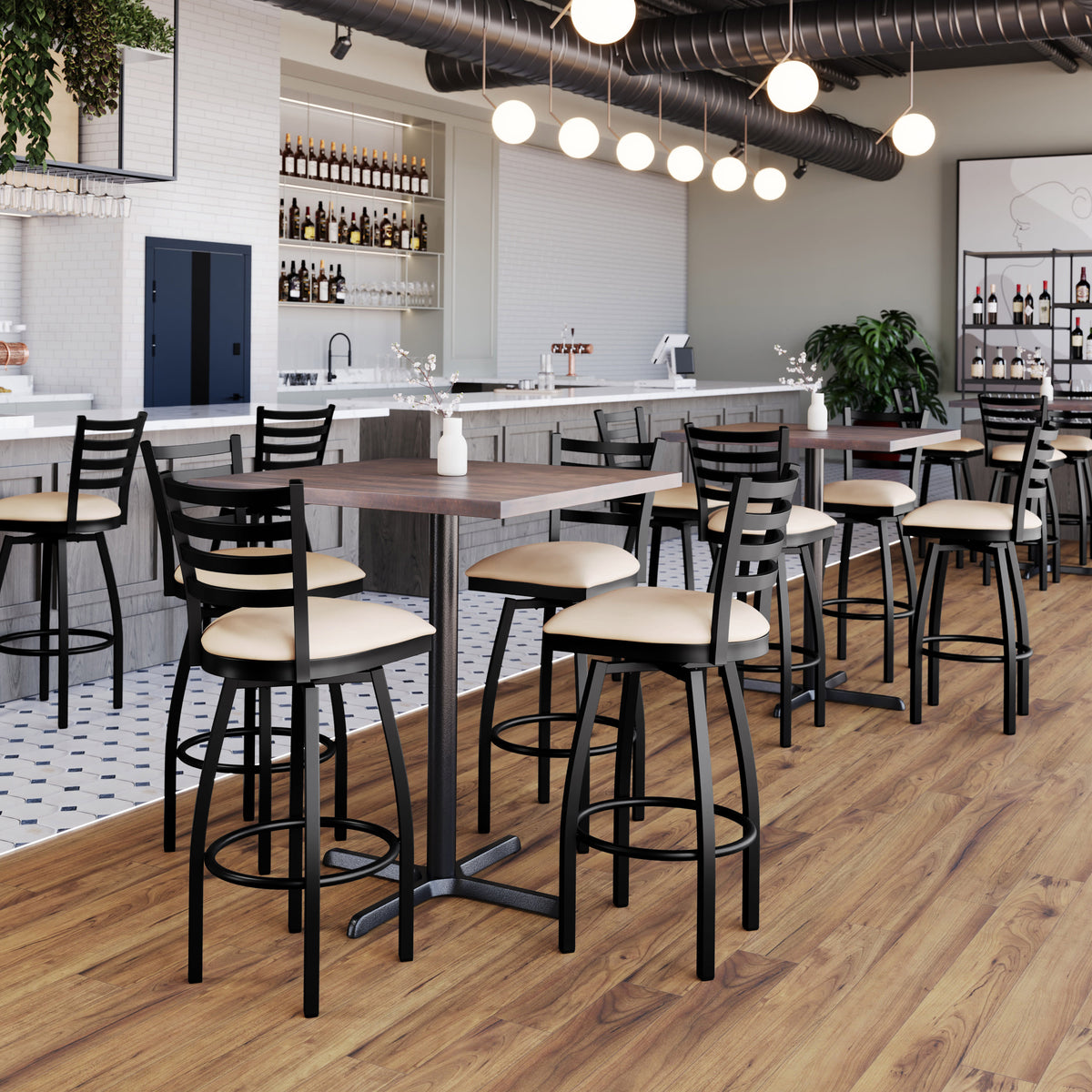 Tan Vinyl Seat/Black Metal Frame |#| Commercial Black Ladder Back Swivel Metal Barstool with Tan Vinyl Seat