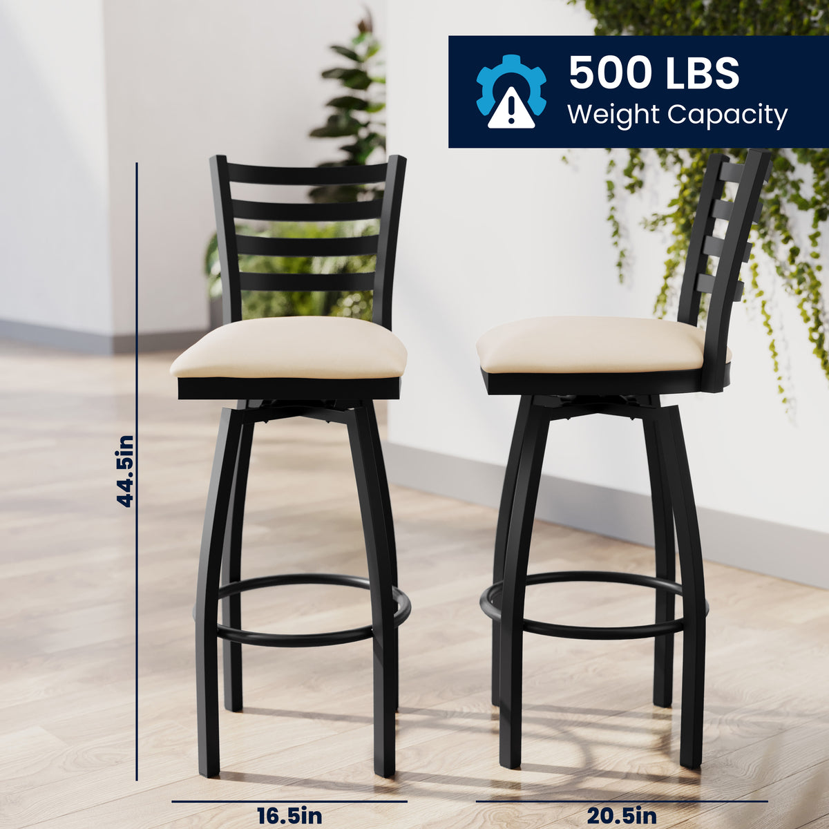 Tan Vinyl Seat/Black Metal Frame |#| Commercial Black Ladder Back Swivel Metal Barstool with Tan Vinyl Seat