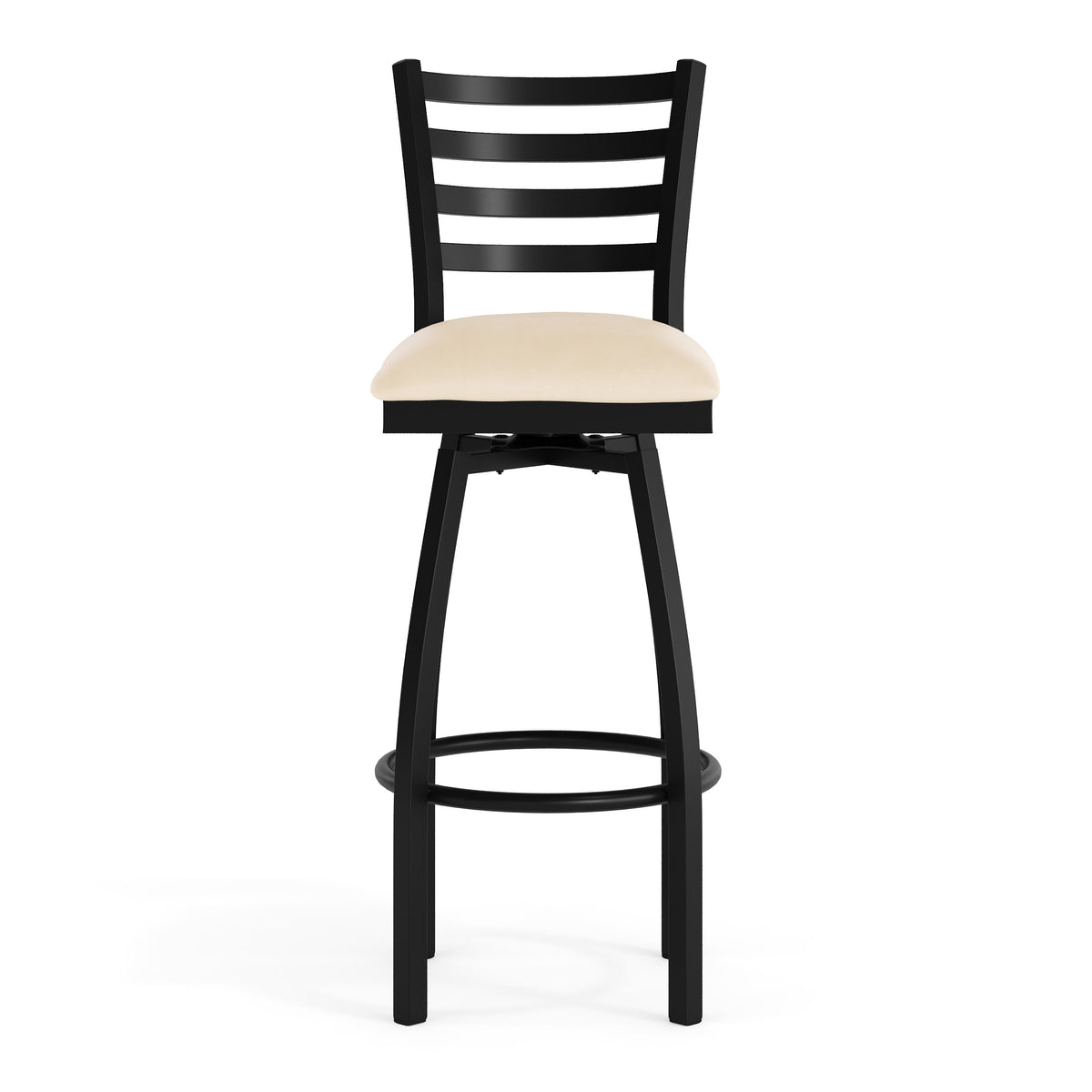 Tan Vinyl Seat/Black Metal Frame |#| Commercial Black Ladder Back Swivel Metal Barstool with Tan Vinyl Seat