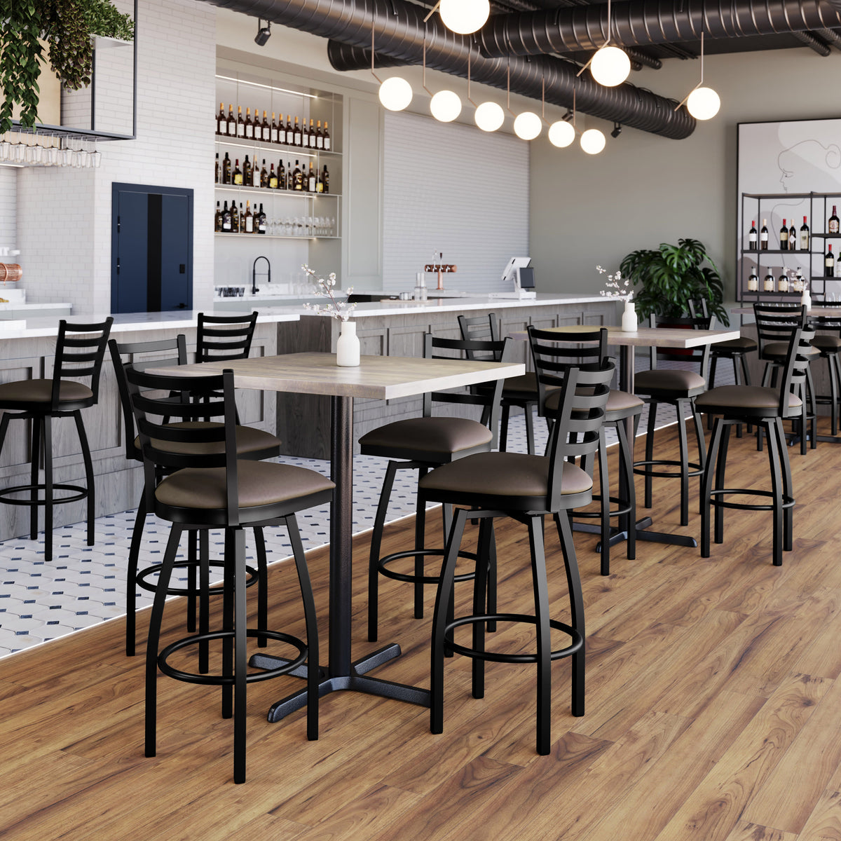 Mocha Vinyl Seat/Black Metal Frame |#| Commercial Black Ladder Back Swivel Metal Barstool with Mocha Vinyl Seat