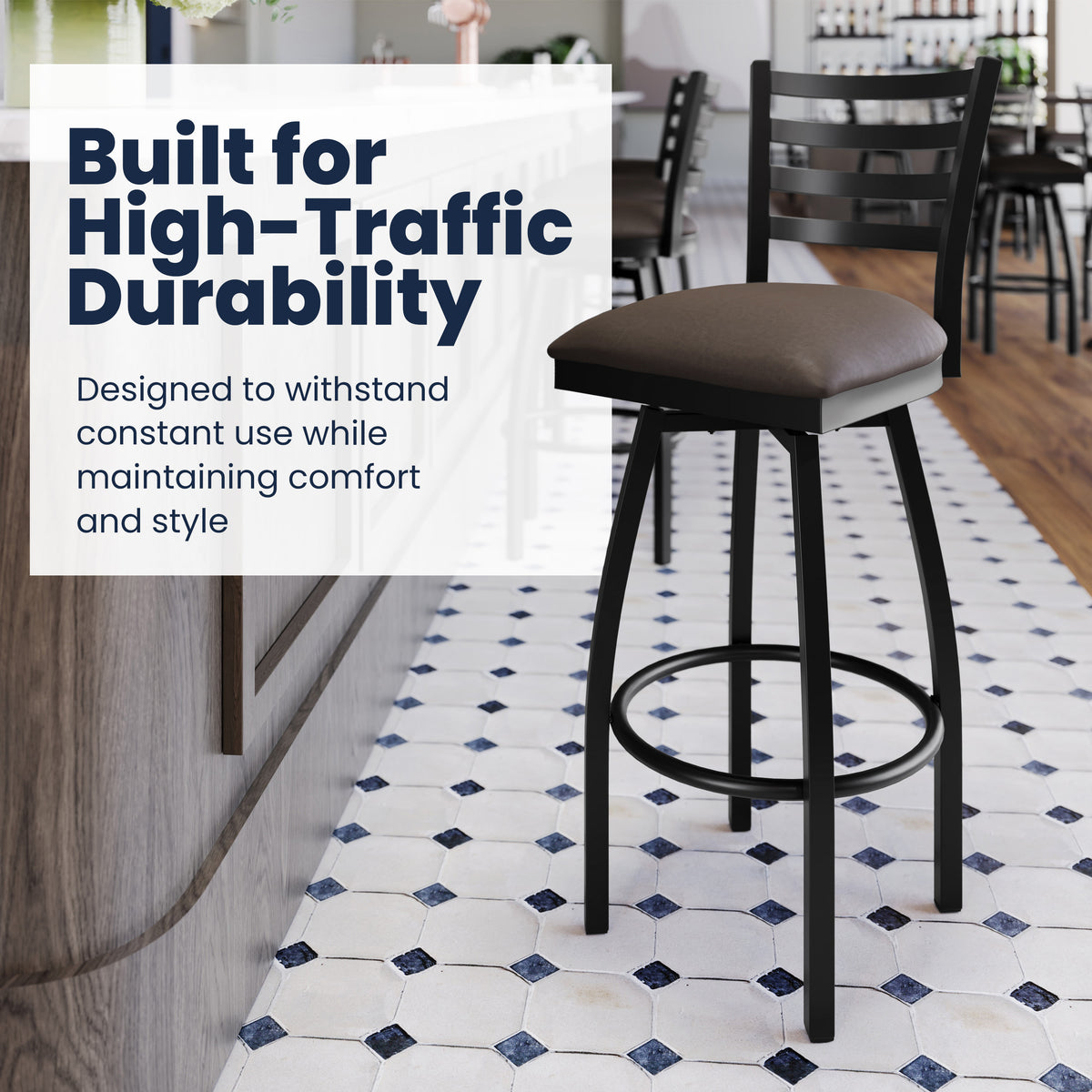 Mocha Vinyl Seat/Black Metal Frame |#| Commercial Black Ladder Back Swivel Metal Barstool with Mocha Vinyl Seat