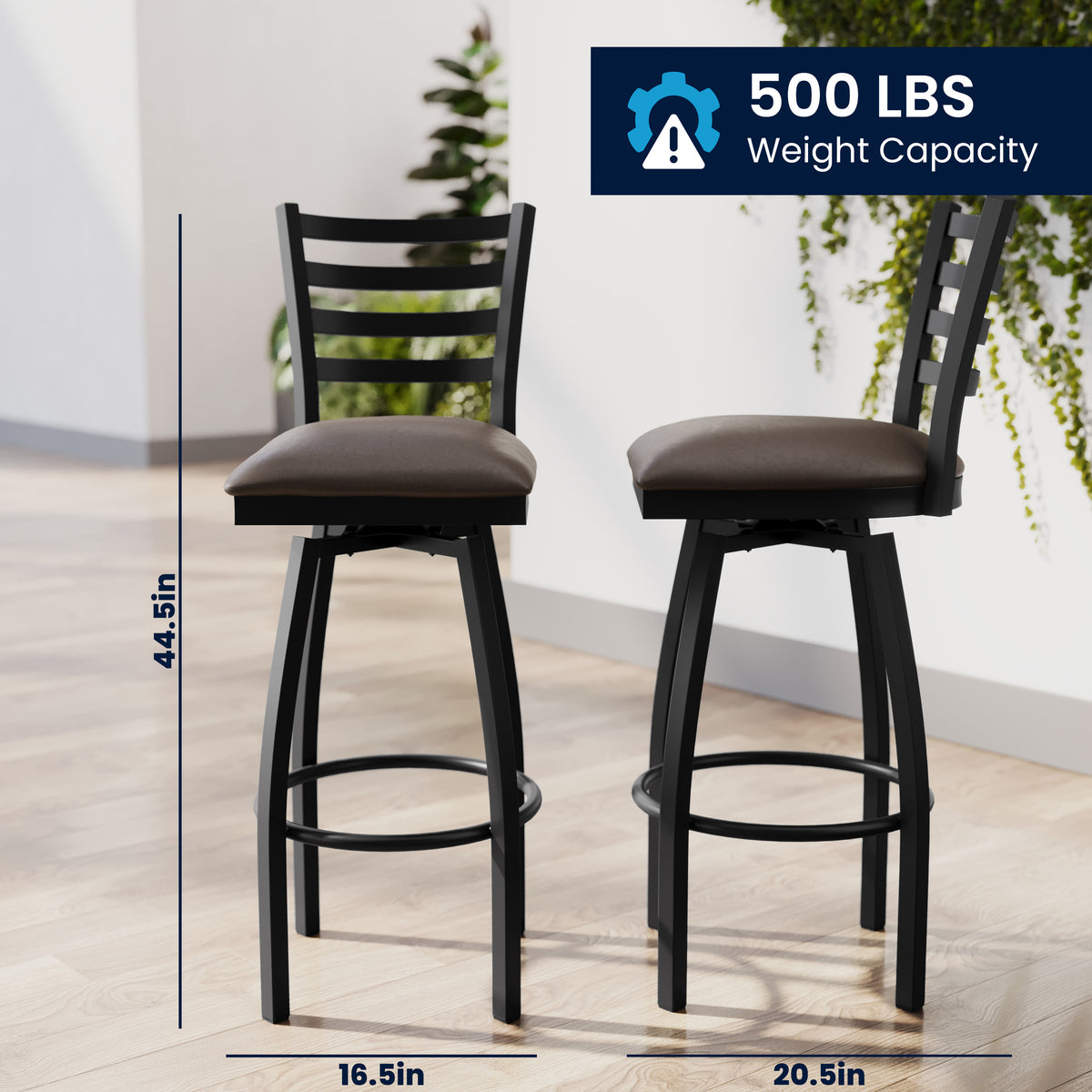 Mocha Vinyl Seat/Black Metal Frame |#| Commercial Black Ladder Back Swivel Metal Barstool with Mocha Vinyl Seat