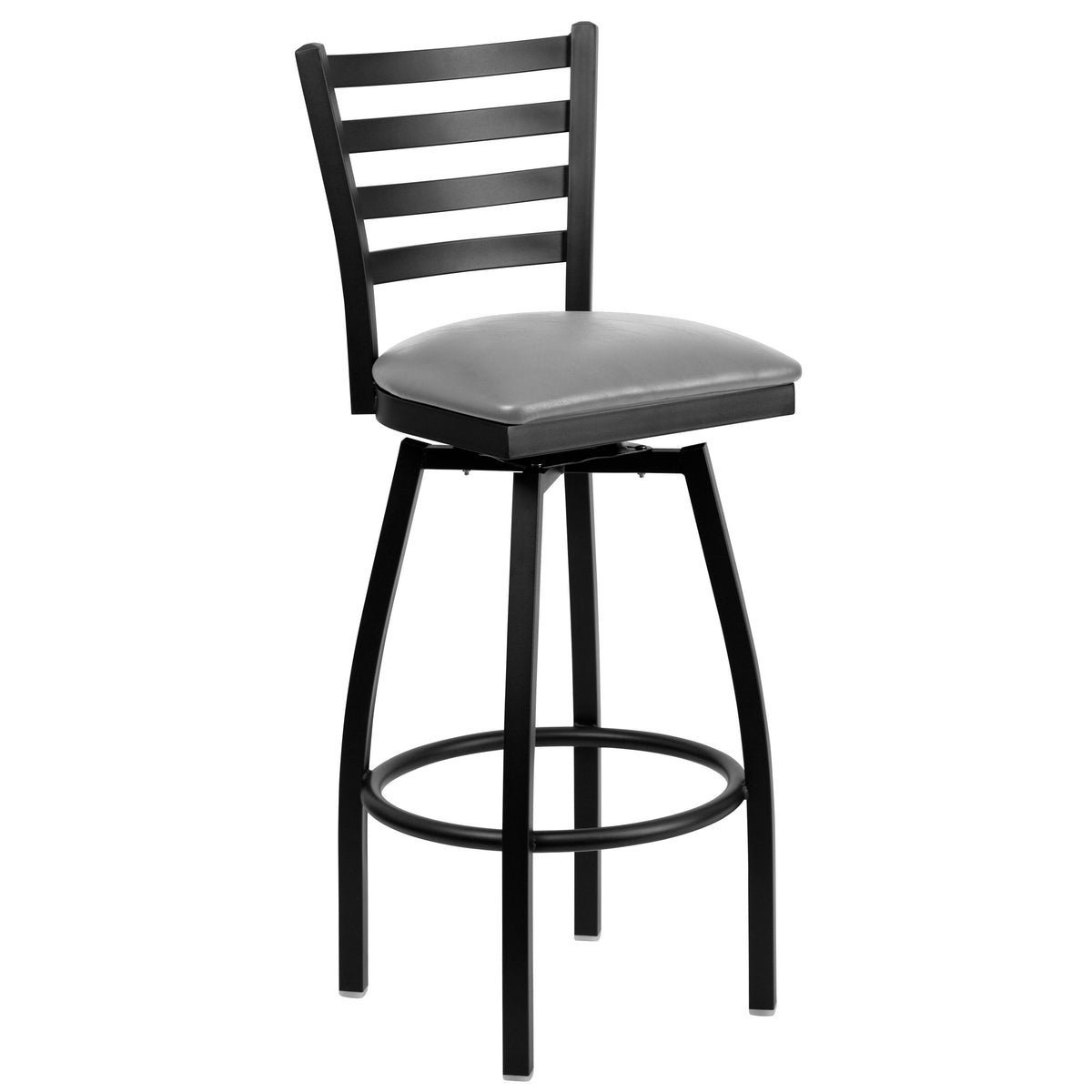 Custom Upholstery/Black Metal Frame |#| Black Ladder Back Swivel Metal Barstool - Custom Upholstered Seat