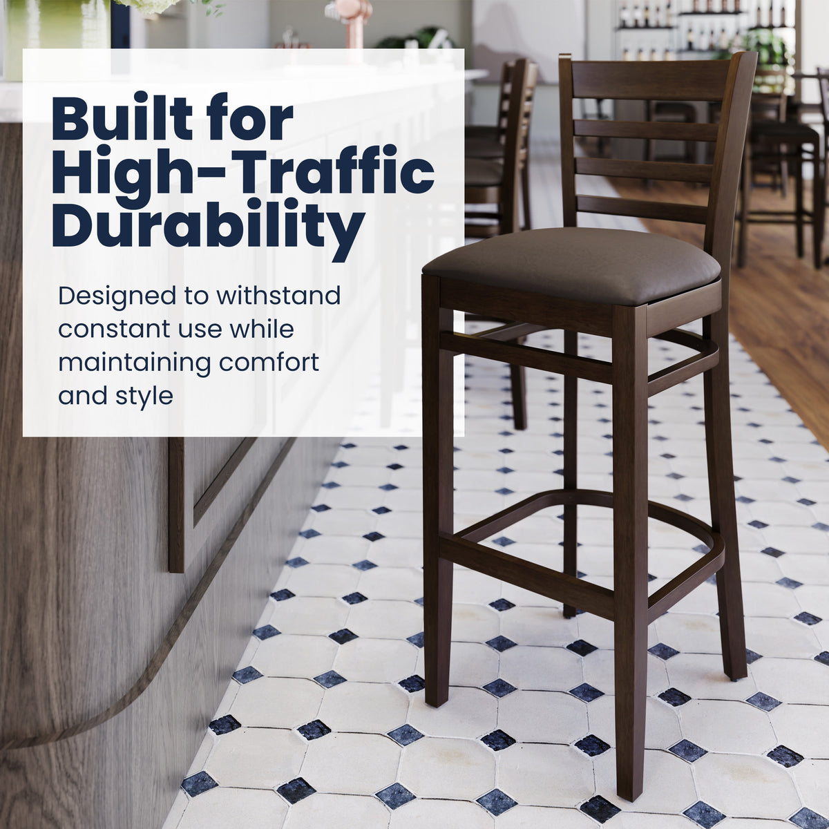Mocha Vinyl Seat/Walnut Wood Frame |#| Commercial Ladder Back Walnut Wood Restaurant Barstool - Mocha Vinyl Seat