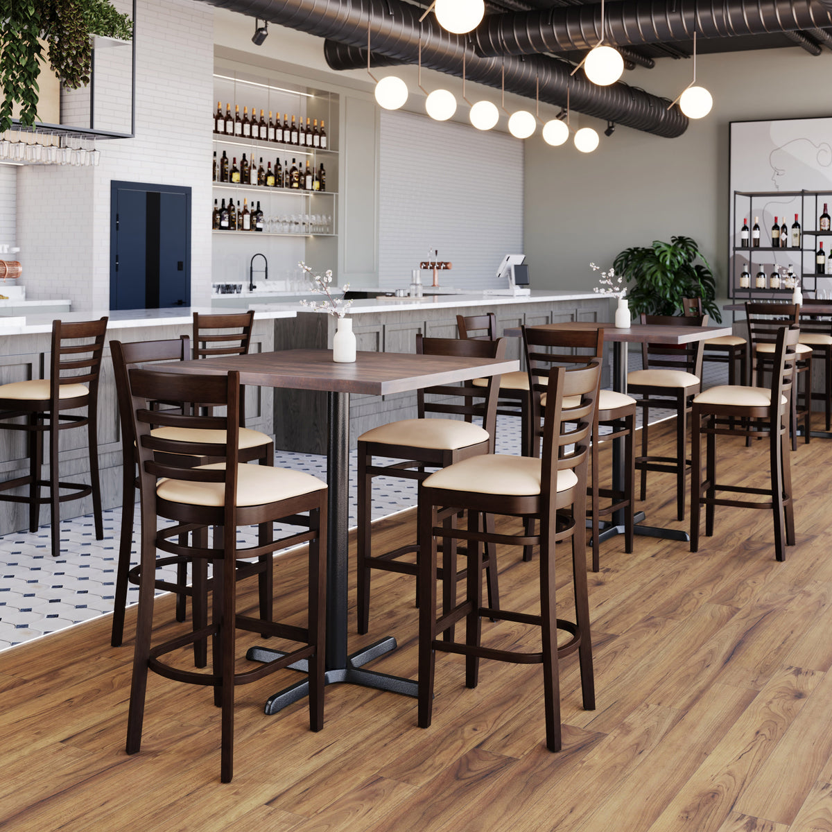 Tan Vinyl Seat/Walnut Wood Frame |#| Commercial Ladder Back Walnut Wood Restaurant Barstool - Tan Vinyl Seat