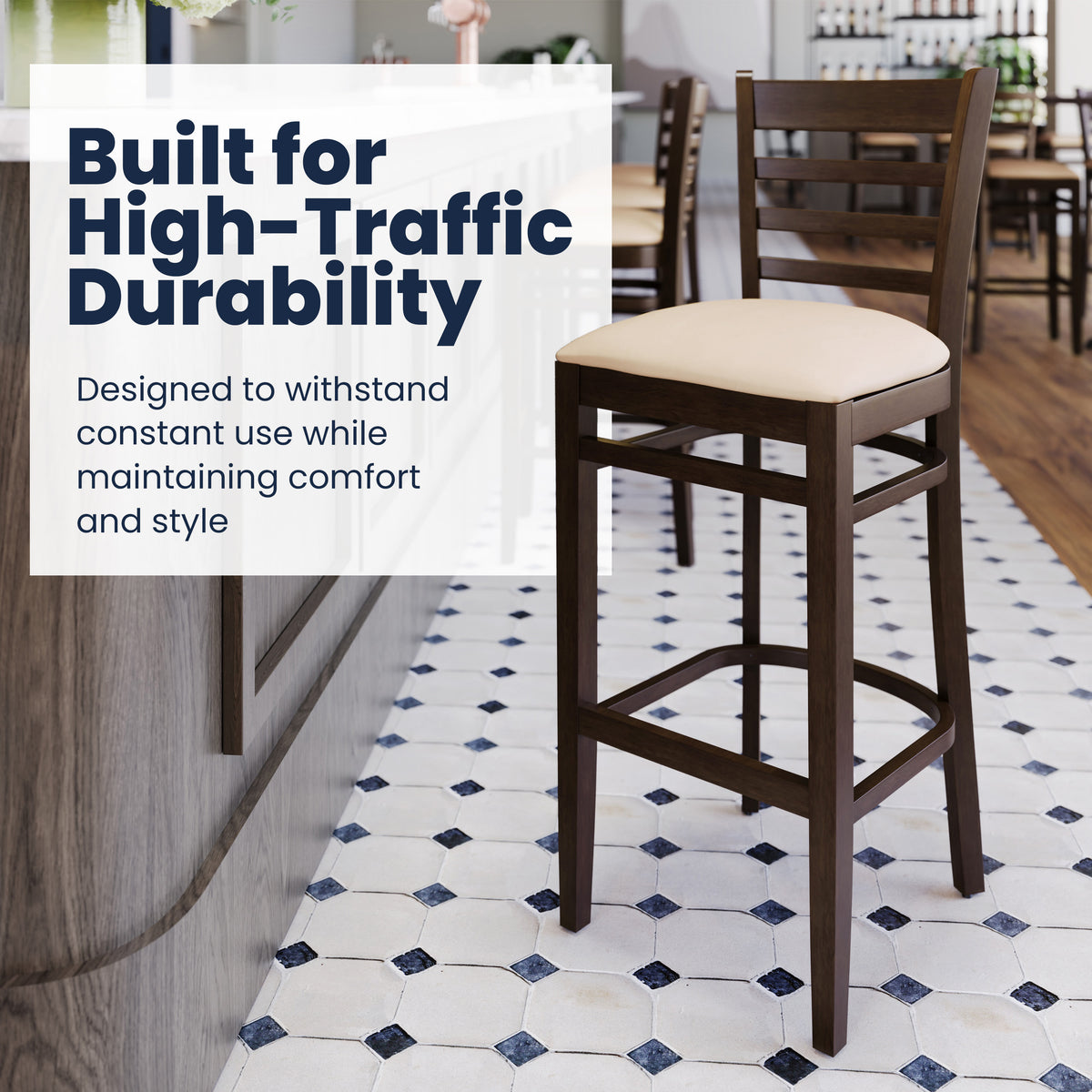 Tan Vinyl Seat/Walnut Wood Frame |#| Commercial Ladder Back Walnut Wood Restaurant Barstool - Tan Vinyl Seat