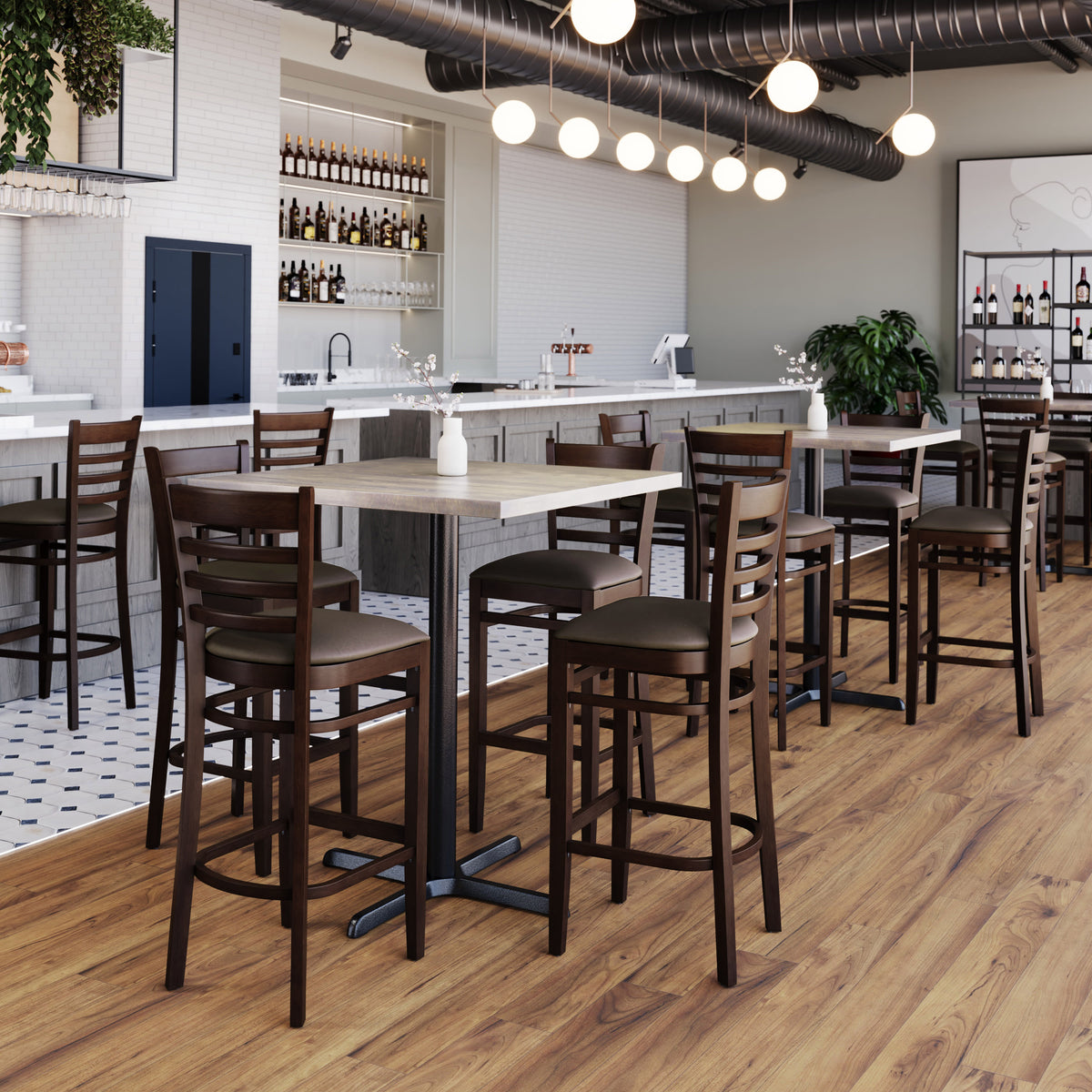 Mocha Vinyl Seat/Walnut Wood Frame |#| Commercial Ladder Back Walnut Wood Restaurant Barstool - Mocha Vinyl Seat