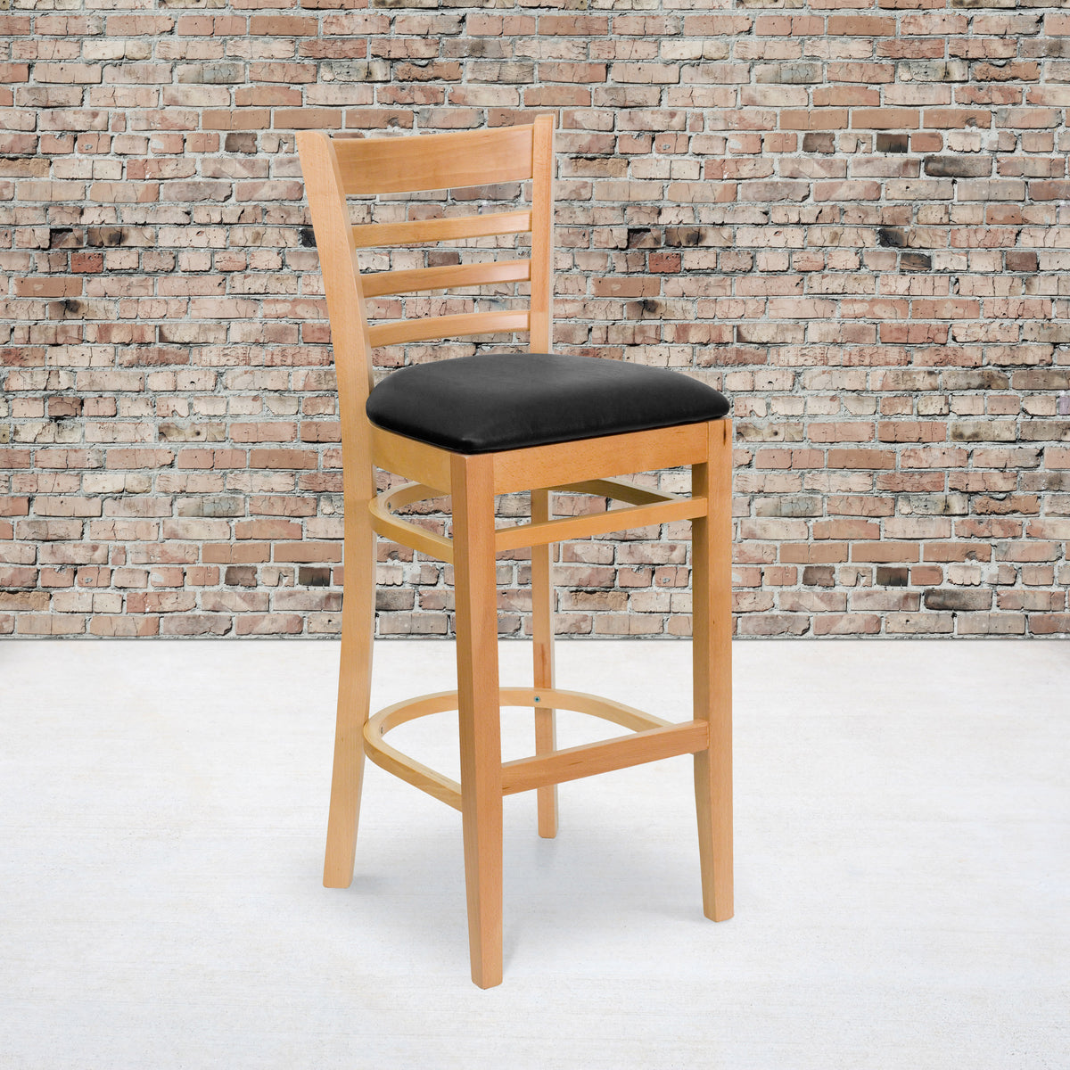 Black Vinyl Seat/Natural Wood Frame |#| Ladder Back Natural Wood Restaurant Barstool - Black Vinyl Seat
