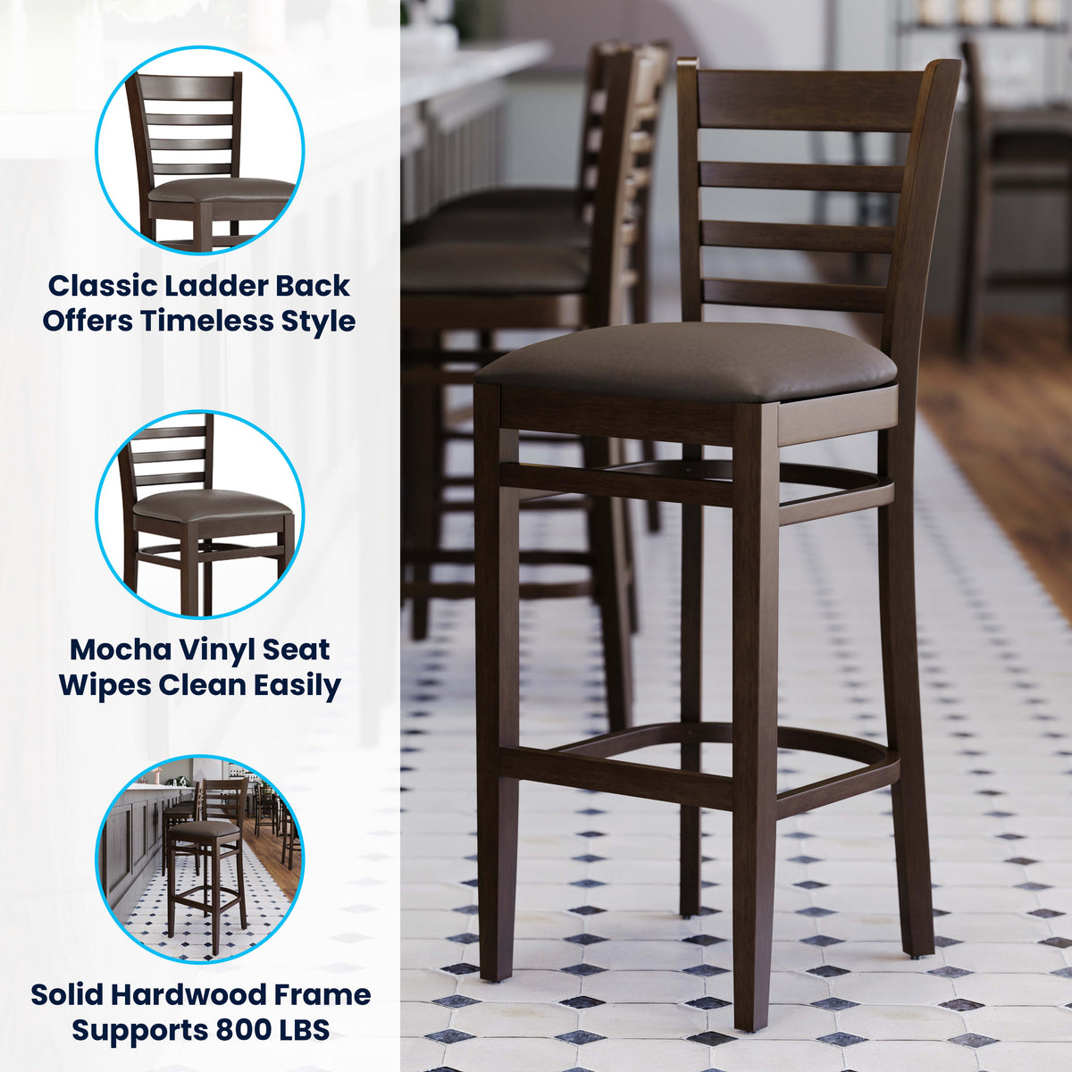 Mocha Vinyl Seat/Walnut Wood Frame |#| Commercial Ladder Back Walnut Wood Restaurant Barstool - Mocha Vinyl Seat