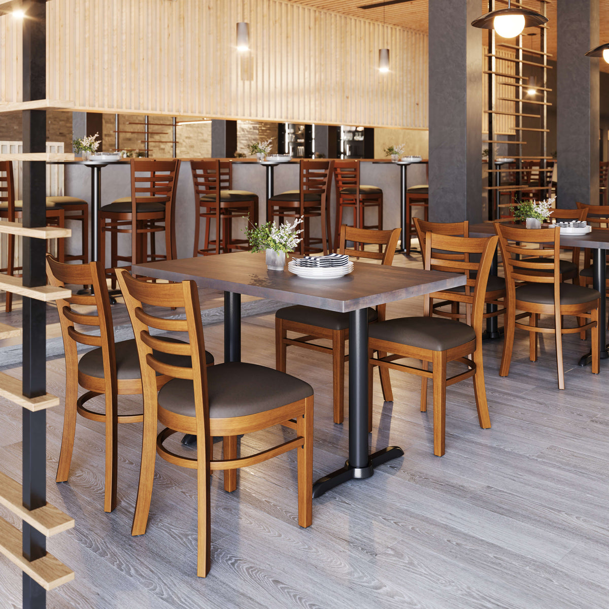 Mocha Vinyl Seat/Cherry Wood Frame |#| Commercial Ladder Back Cherry Wood Restaurant Chair - Mocha Vinyl Seat