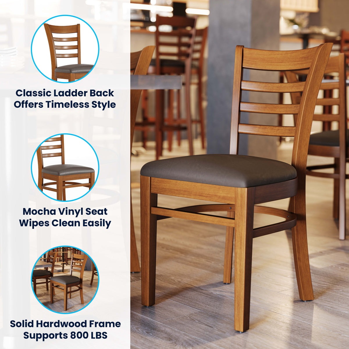 Mocha Vinyl Seat/Cherry Wood Frame |#| Commercial Ladder Back Cherry Wood Restaurant Chair - Mocha Vinyl Seat