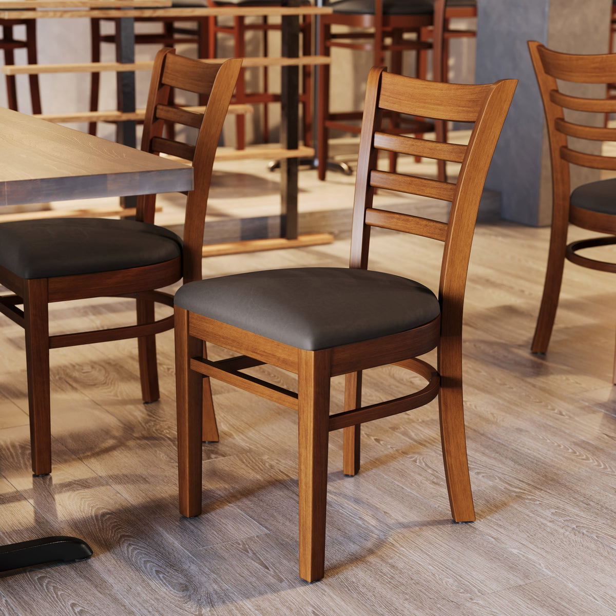 Mocha Vinyl Seat/Cherry Wood Frame |#| Commercial Ladder Back Cherry Wood Restaurant Chair - Mocha Vinyl Seat
