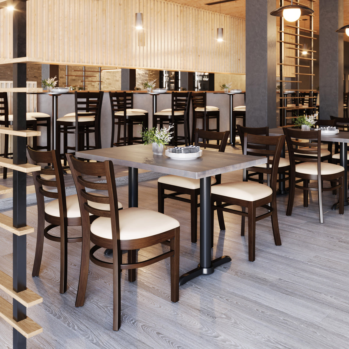 Tan Vinyl Seat/Walnut Wood Frame |#| Commercial Ladder Back Walnut Wood Restaurant Chair - Tan Vinyl Seat