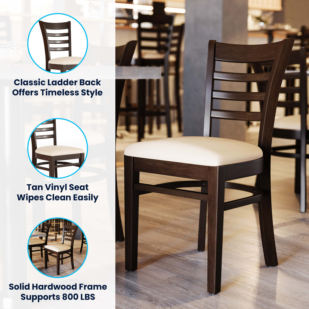 Tan Vinyl Seat/Walnut Wood Frame |#| Commercial Ladder Back Walnut Wood Restaurant Chair - Tan Vinyl Seat