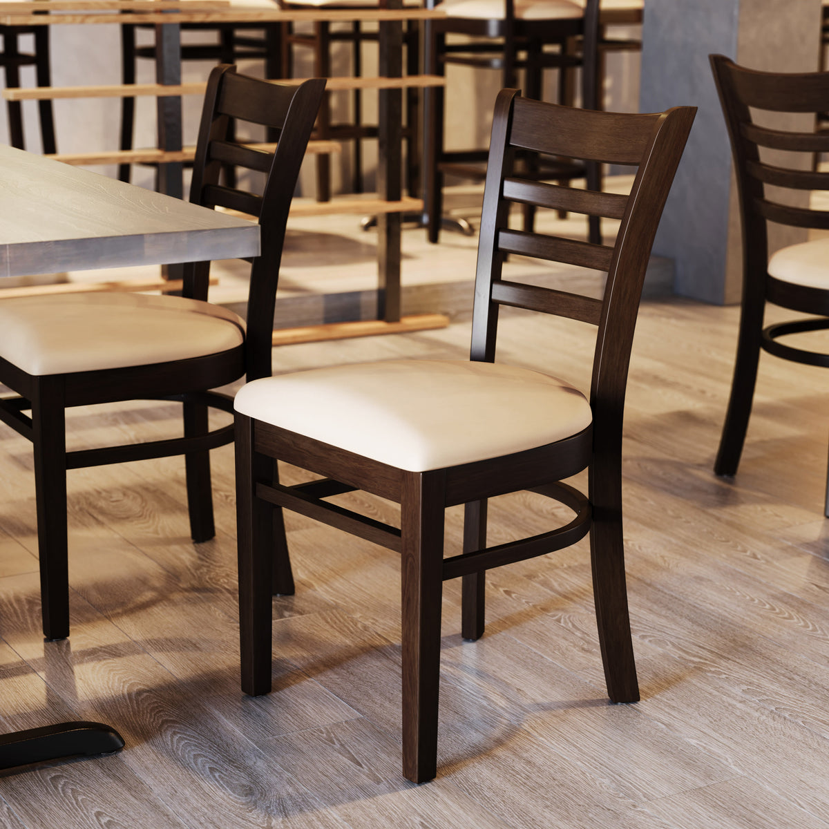 Tan Vinyl Seat/Walnut Wood Frame |#| Commercial Ladder Back Walnut Wood Restaurant Chair - Tan Vinyl Seat