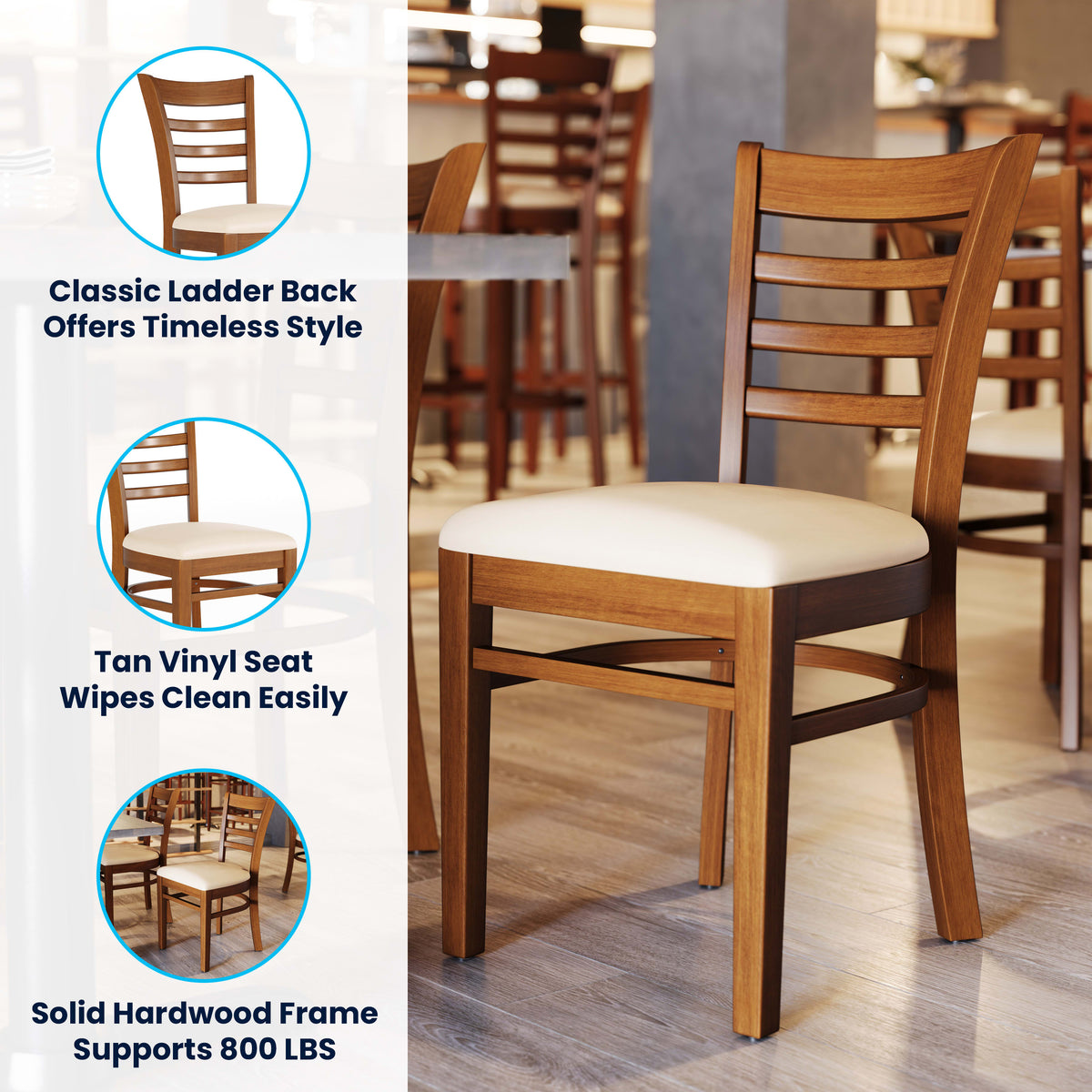 Tan Vinyl Seat/Cherry Wood Frame |#| Commercial Ladder Back Cherry Wood Restaurant Chair - Tan Vinyl Seat