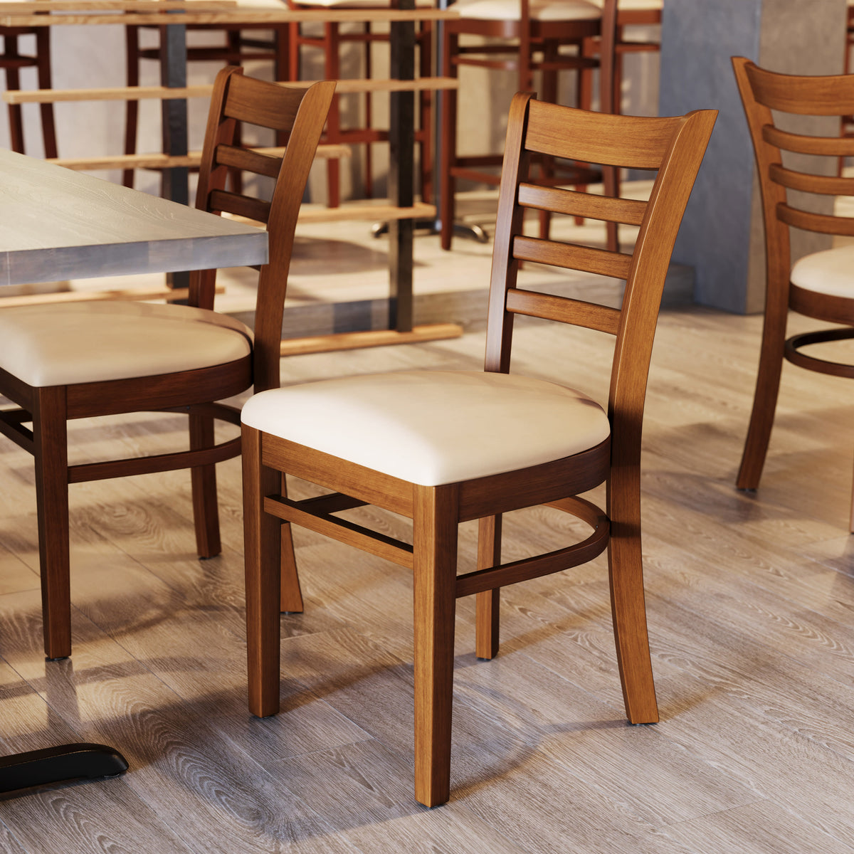 Tan Vinyl Seat/Cherry Wood Frame |#| Commercial Ladder Back Cherry Wood Restaurant Chair - Tan Vinyl Seat