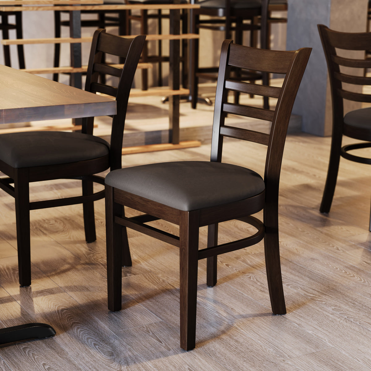 Mocha Vinyl Seat/Walnut Wood Frame |#| Commercial Ladder Back Walnut Wood Restaurant Chair - Mocha Vinyl Seat