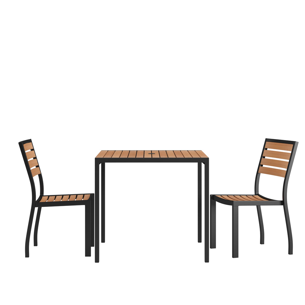Black Indoor/Outdoor 35" Square Faux Teak Table with 2 Club Chairs with Arms