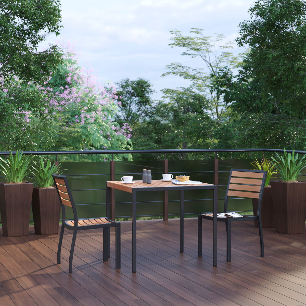 Black Indoor/Outdoor 35" Square Faux Teak Table with 2 Club Chairs with Arms