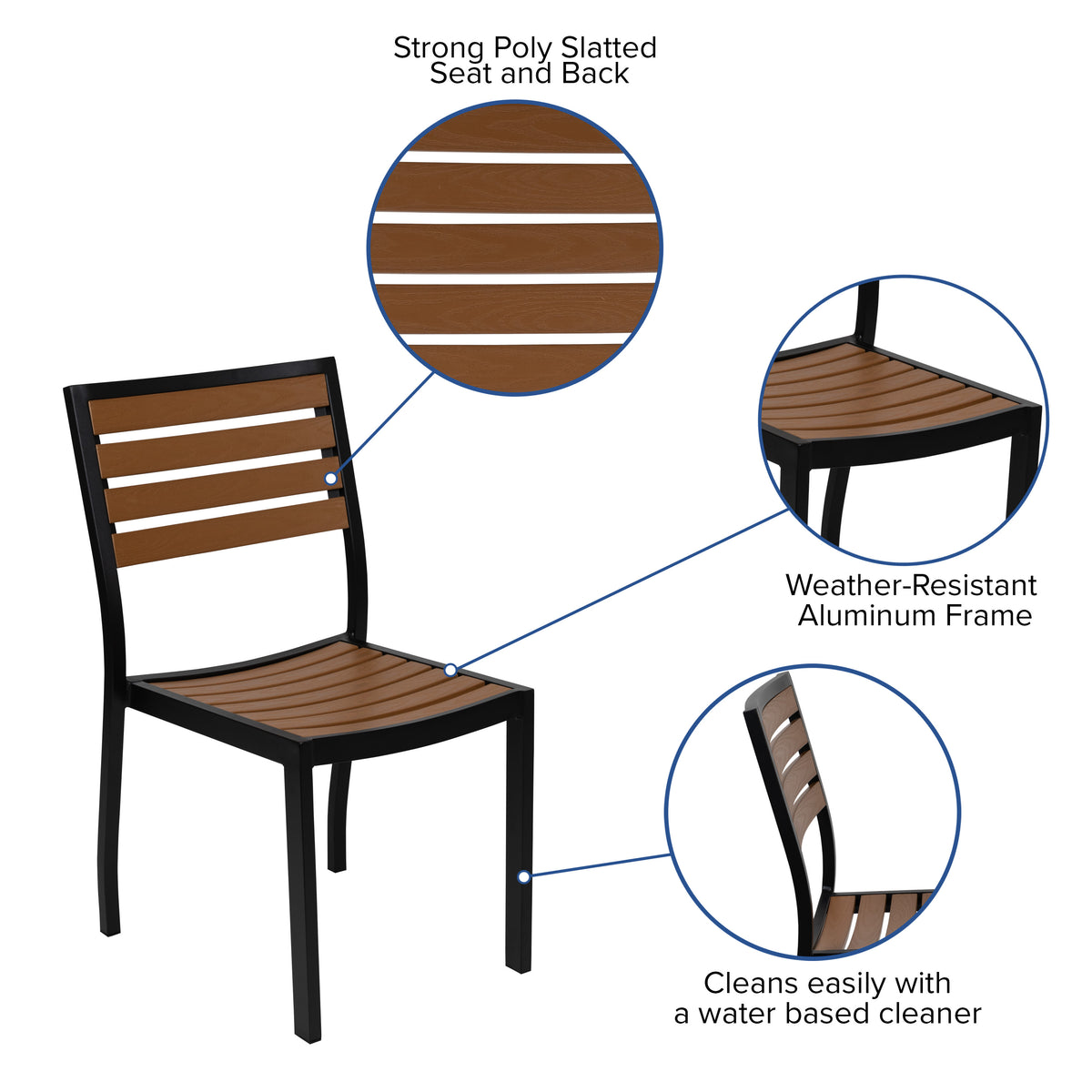 Black Indoor/Outdoor 35" Square Faux Teak Table with 2 Club Chairs with Arms