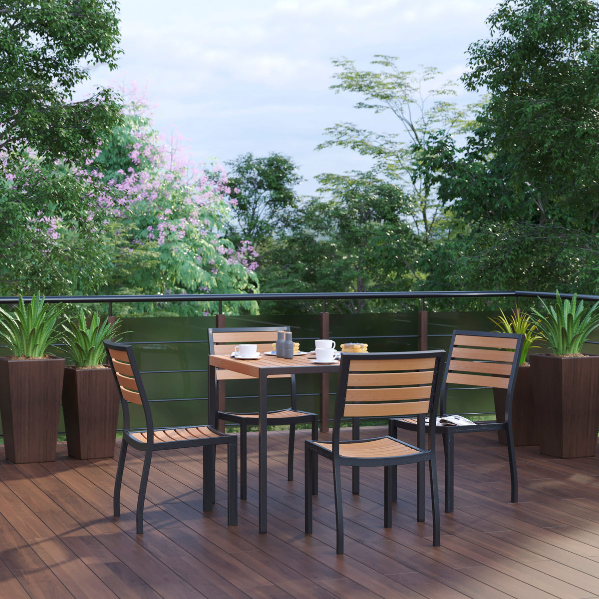 Black Indoor/Outdoor 35" Square Faux Teak Table with 4 Club Chairs with Arms