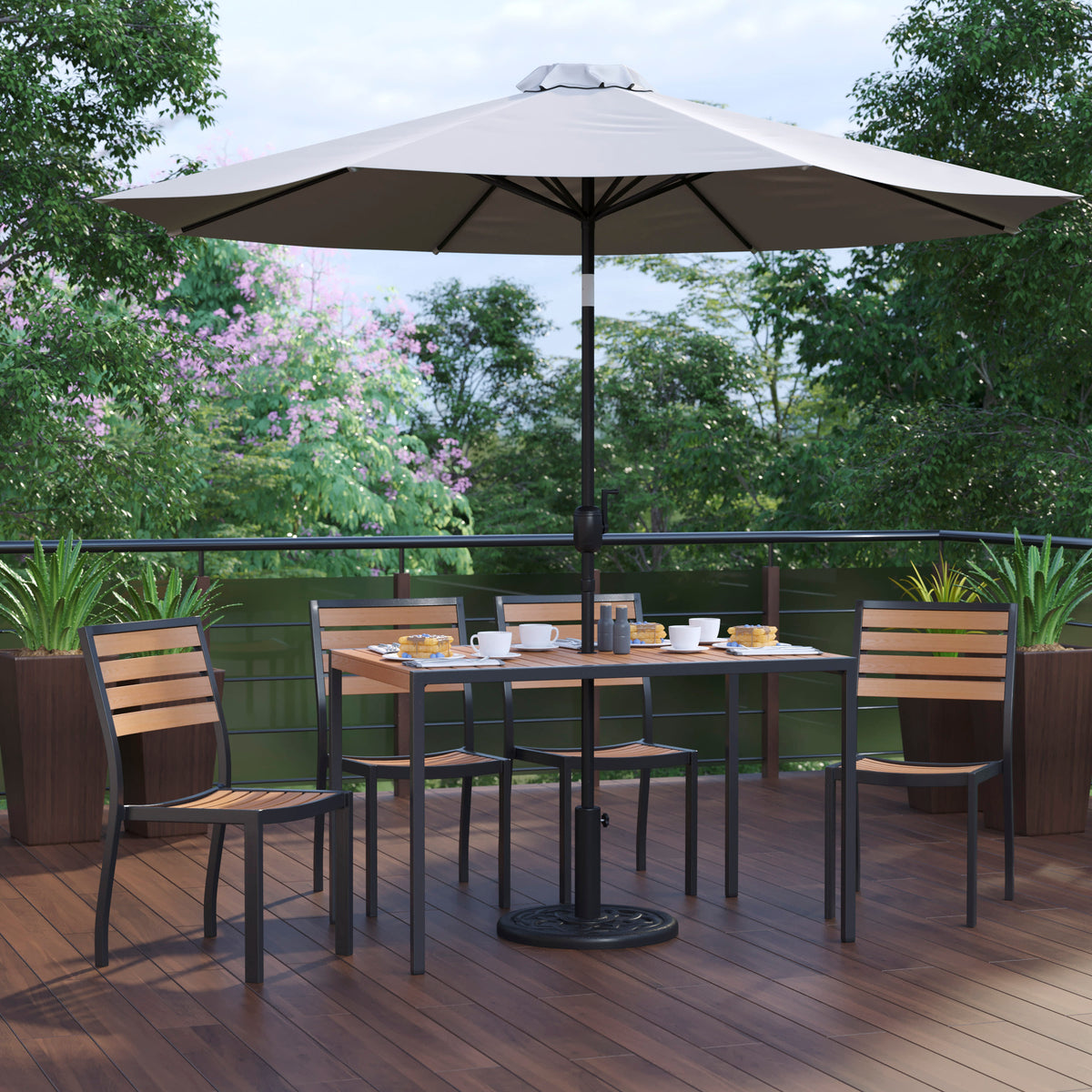 Gray |#| Faux Teak 30" x 48" Patio Table, 4 Chairs & Gray 9FT Patio Umbrella with Base