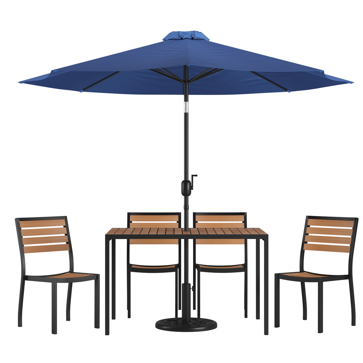 Navy |#| Faux Teak 30" x 48" Patio Table, 4 Chairs & Navy 9FT Patio Umbrella with Base