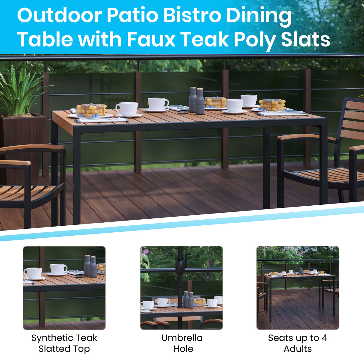 Navy |#| Faux Teak 30" x 48" Patio Table, 4 Chairs & Navy 9FT Patio Umbrella with Base
