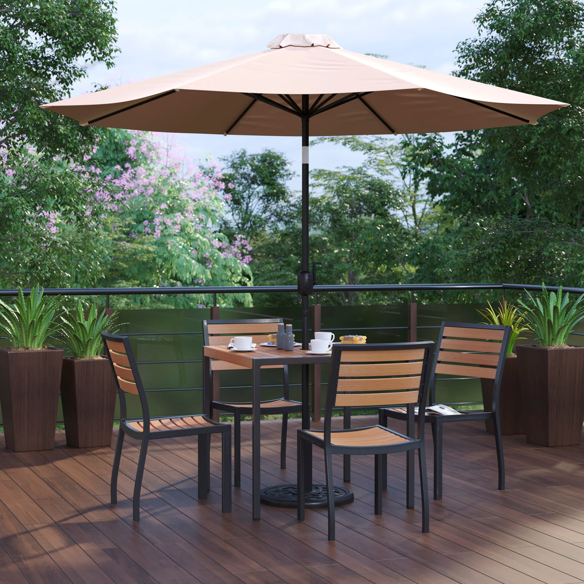 Tan |#| Faux Teak 35" Square Patio Table, 4 Chairs & Tan 9FT Patio Umbrella with Base