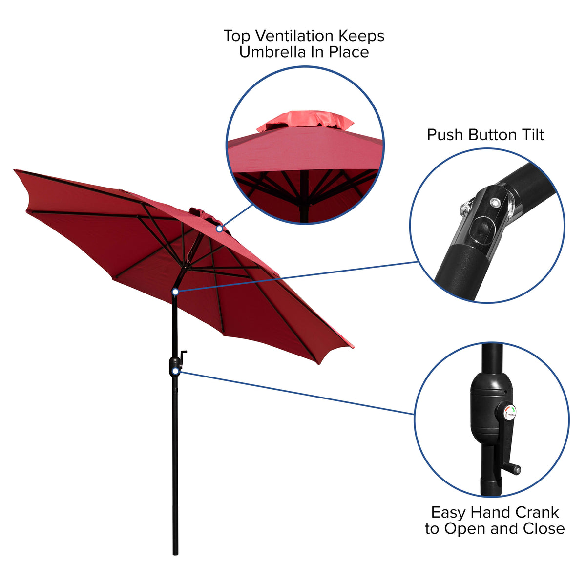 Red |#| Faux Teak 35" Square Patio Table, 4 Chairs & Red 9FT Patio Umbrella with Base